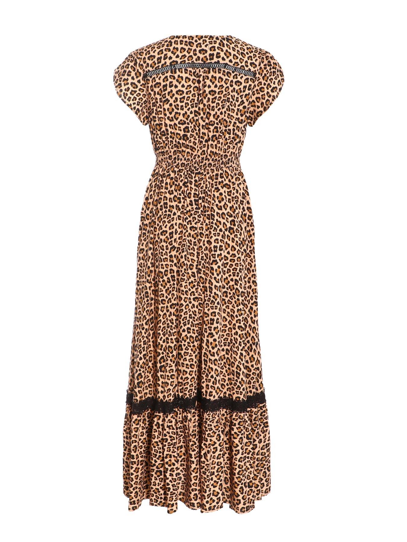 Image 5 of 6 of Quiz Leopard Print Crochet Trim Maxi Dress