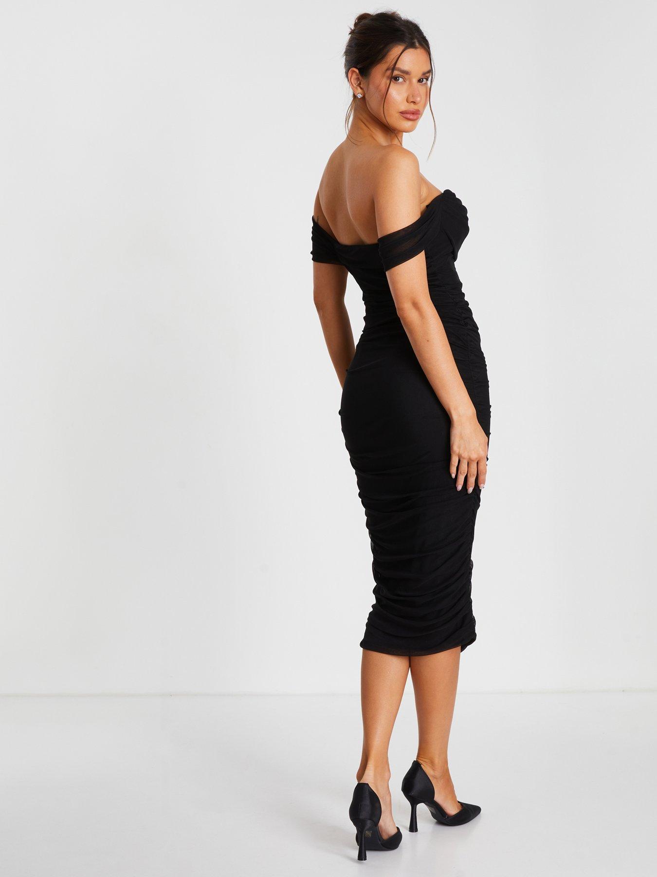 Black velvet bardot ruched skirt midi dress best sale