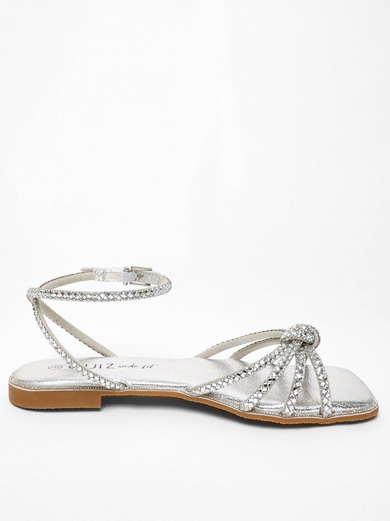 Quiz Wide Fit Silver Foil Diamante Flat Sandals | Very.co.uk