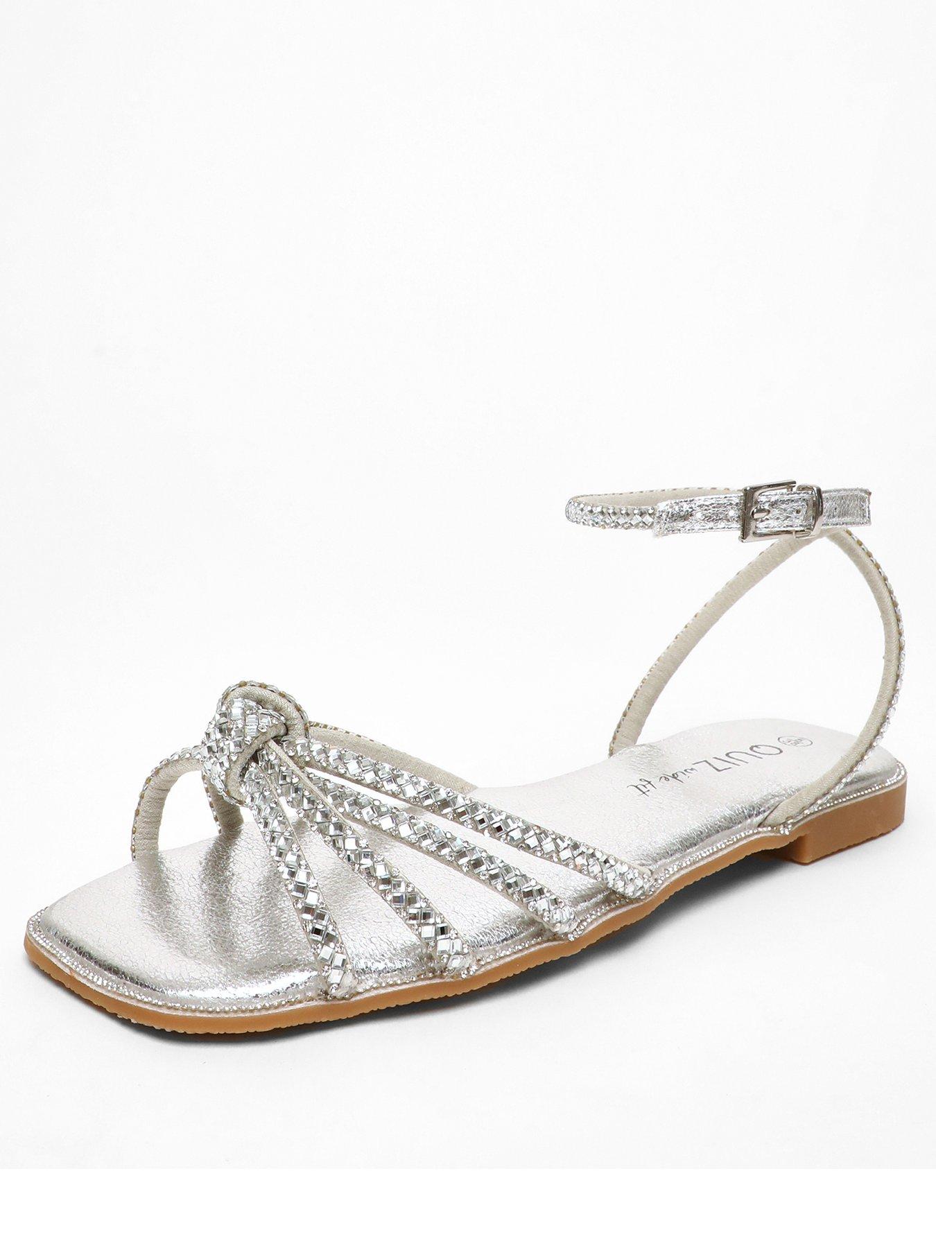 Quiz Wide Fit Silver Foil Diamante Flat Sandals | Very.co.uk