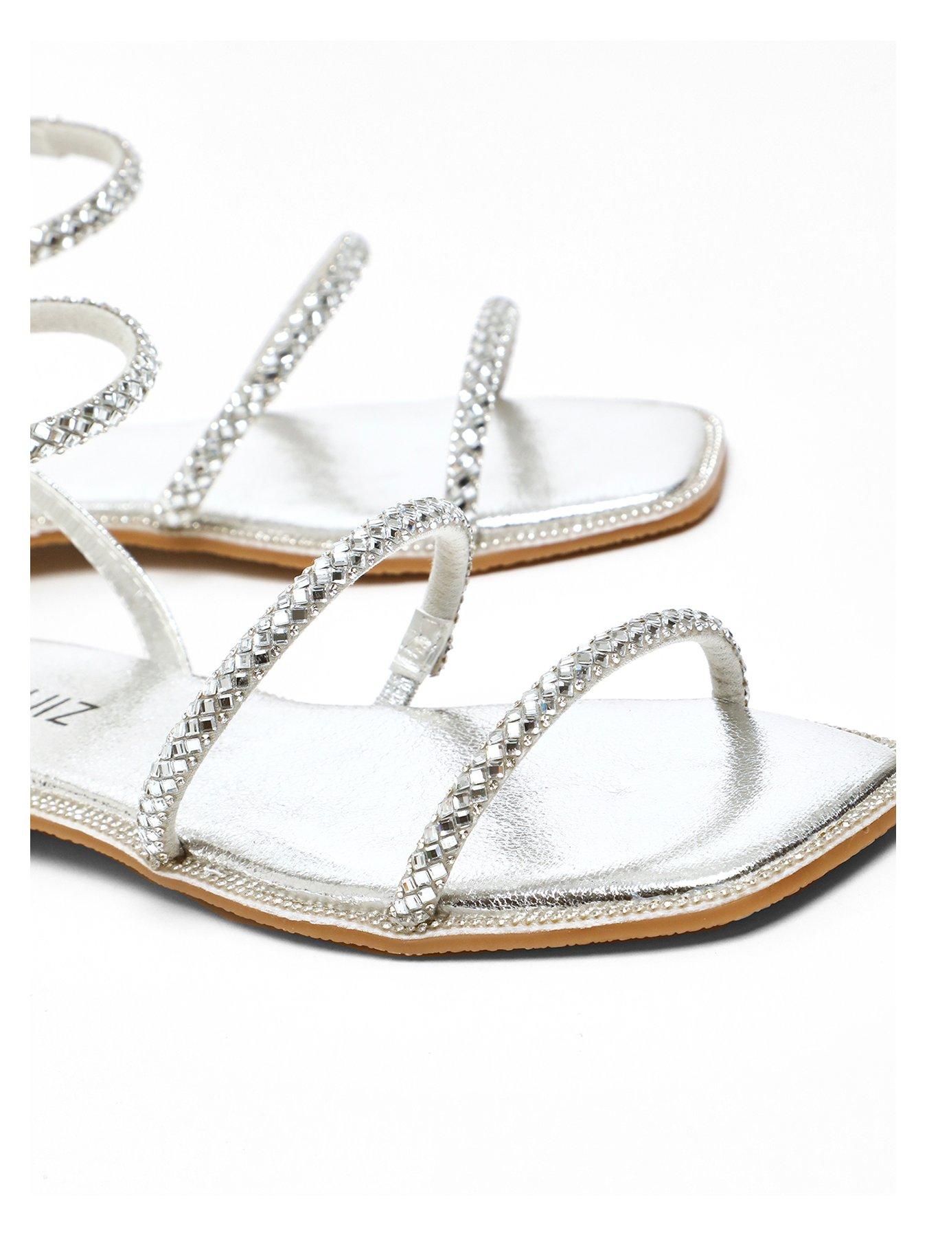 Quiz Silver Diamante Double Strap Flat Sandals | Very.co.uk