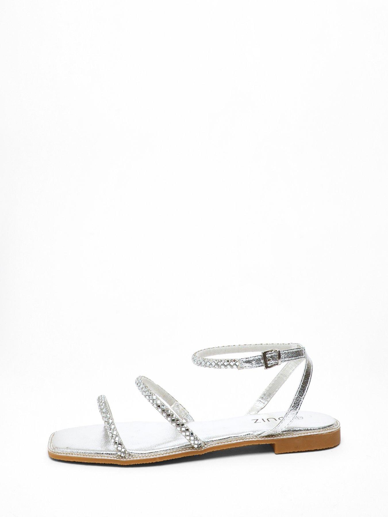 Quiz Silver Diamante Double Strap Flat Sandals | Very.co.uk