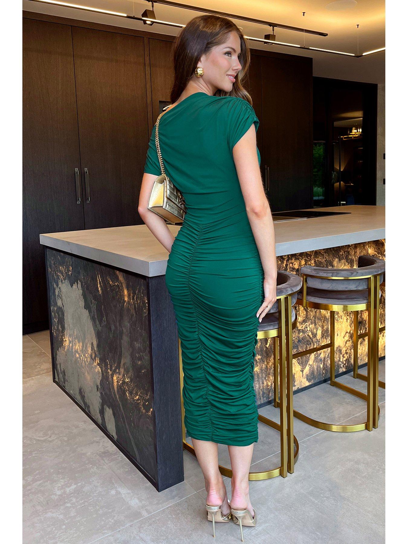 AX Paris Draped Top Ruched Midi Dress - Green | Very