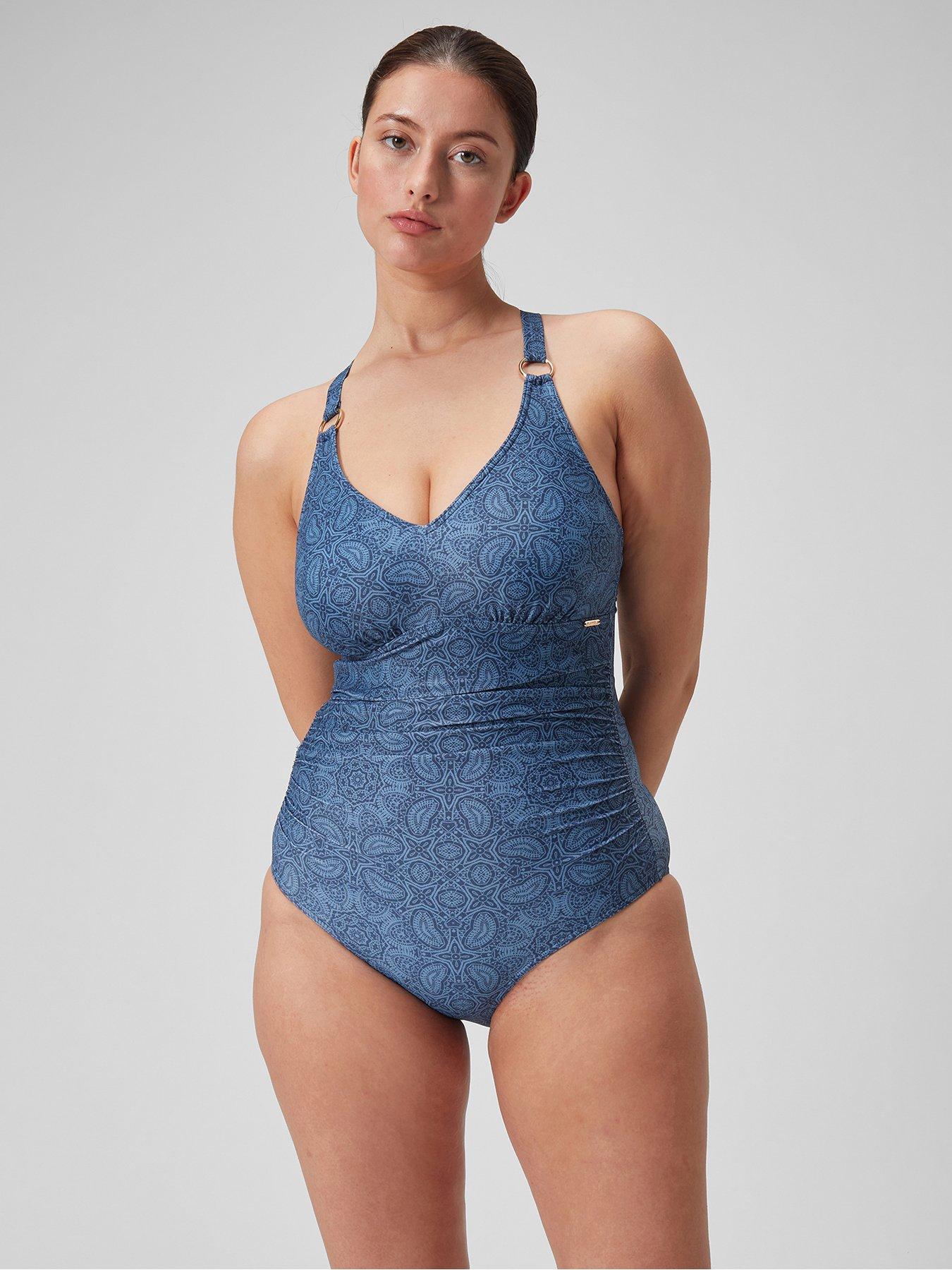 undefined Womens Shaping Printed V Neck 1 Piece - Blue