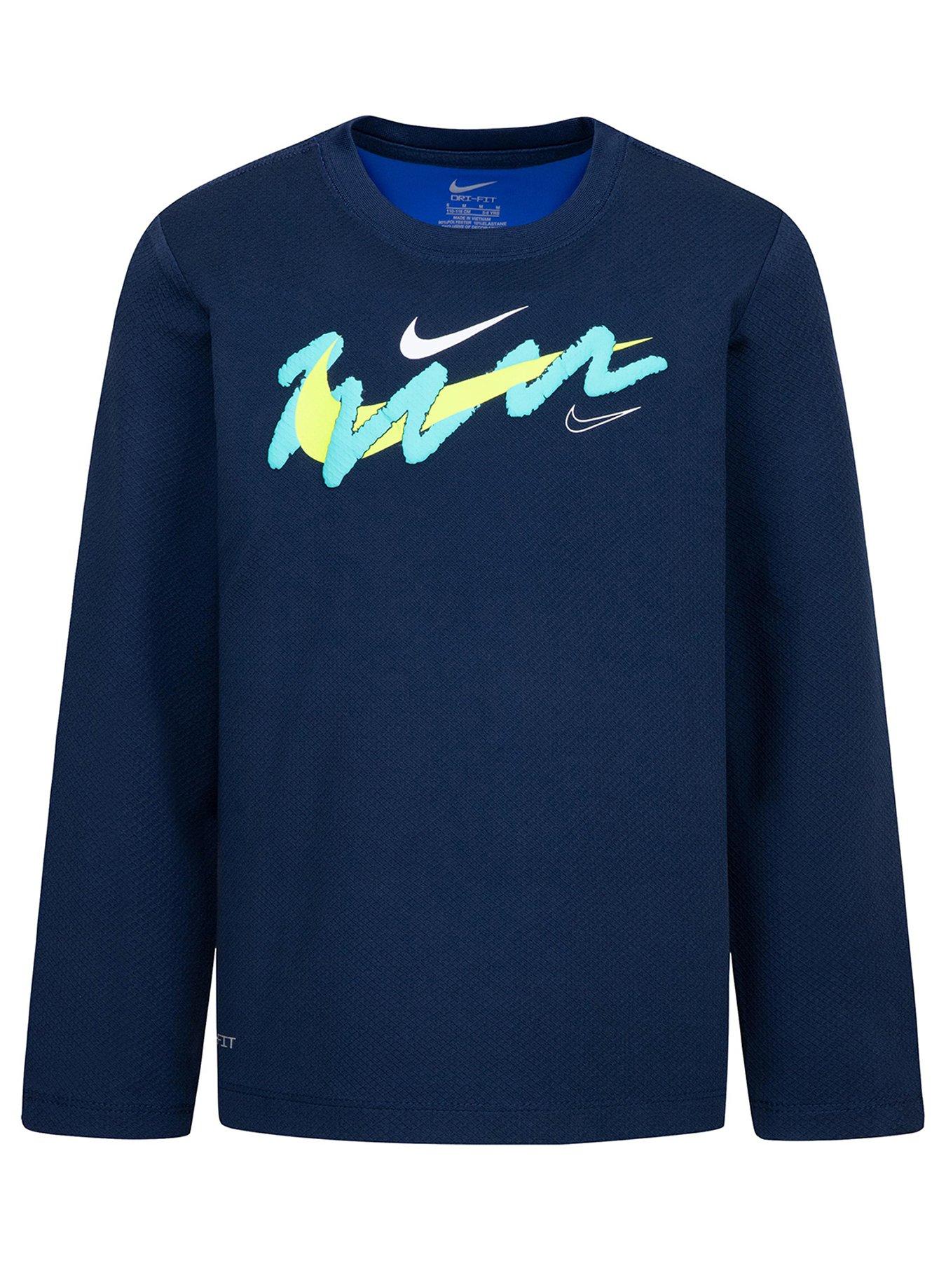 Younger Boys All Day Play Dri fit Swoosh Bicolour Long Sleeve T shirt Navy