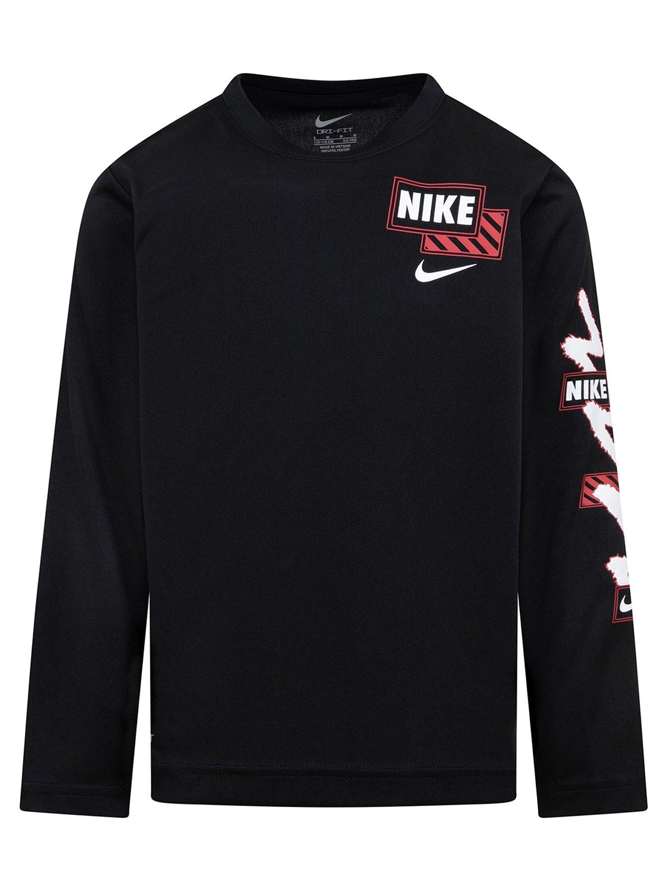 Nike Younger Boys All Day Play Dri-fit Swoosh Scribble Long Sleeve T-shirt - Black, Black, Size 3-4 Years