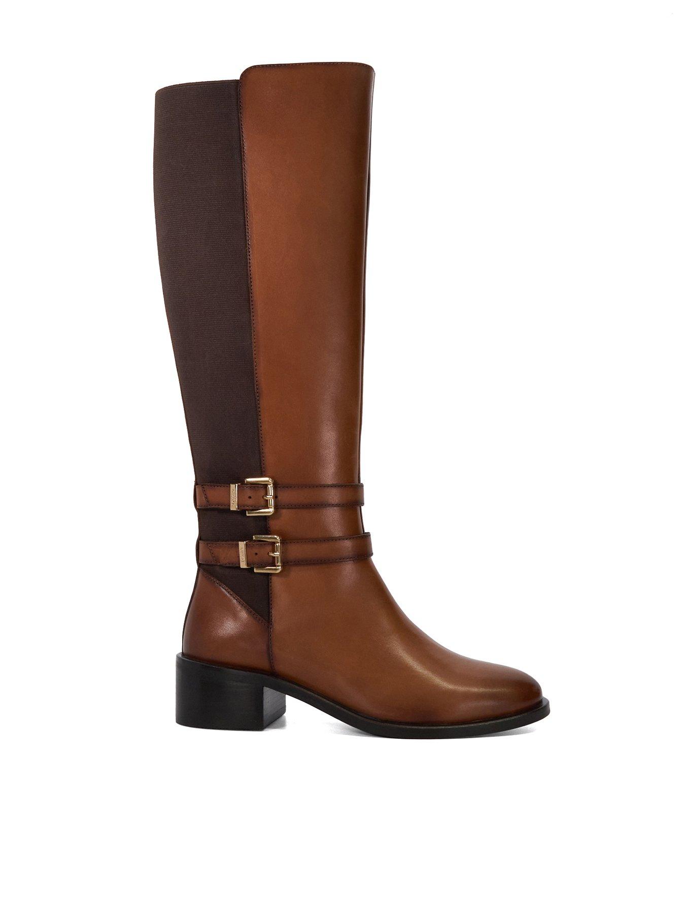 undefined Tatter Leather Buckle Detail Knee High Boot - Tan