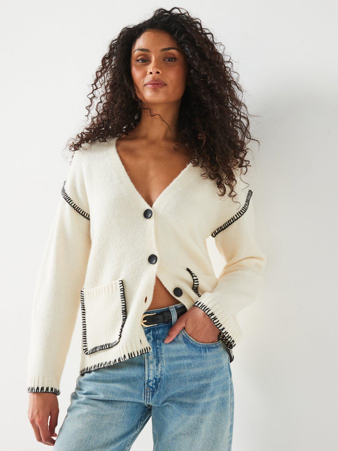undefined V Neck Black Stitch Longline Cardigan - Ivory