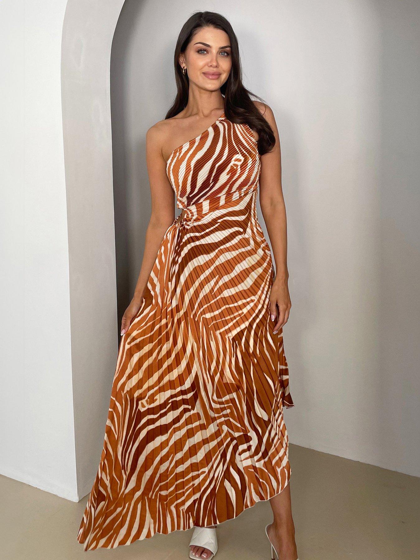 Image 3 of 4 of AX Paris Printed One Shoulder Pleated Midi Dress - Brown