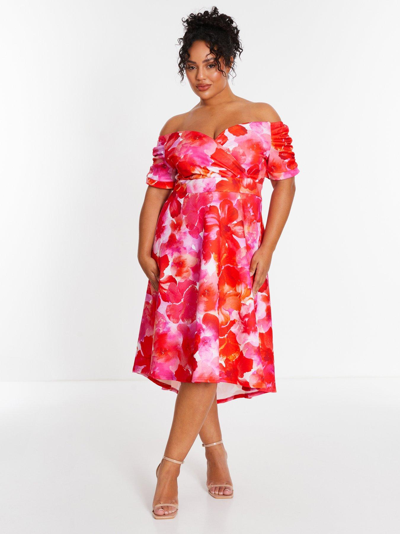 Quiz Curve Red Floral Bardot Dip Hem Midi Dress