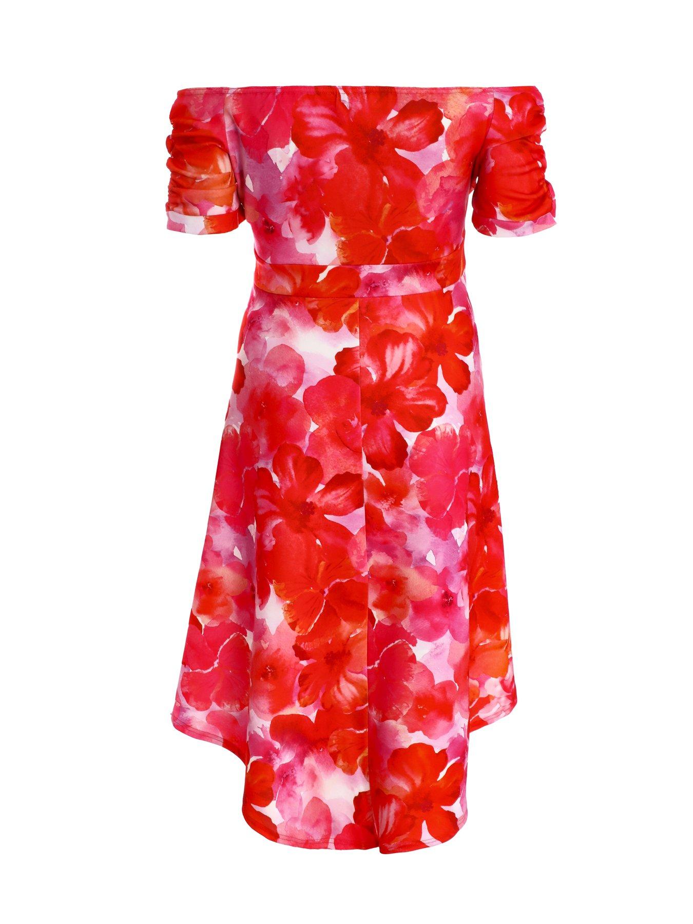 Quiz Curve Red Floral Bardot Dip Hem Midi Dress Very