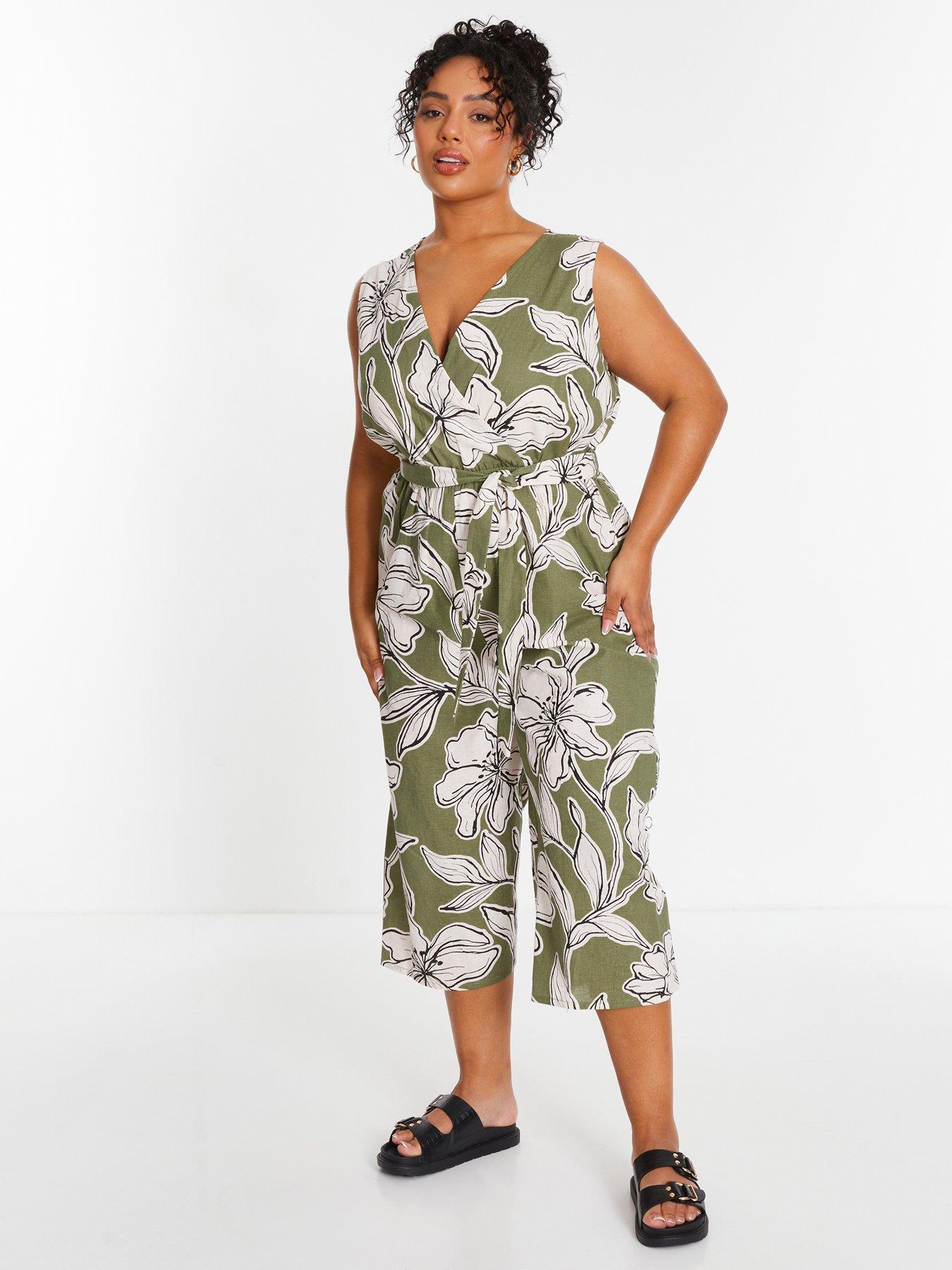 Quiz Curve Khaki Tropical Print Wrap Jumpsuit | Very.co.uk