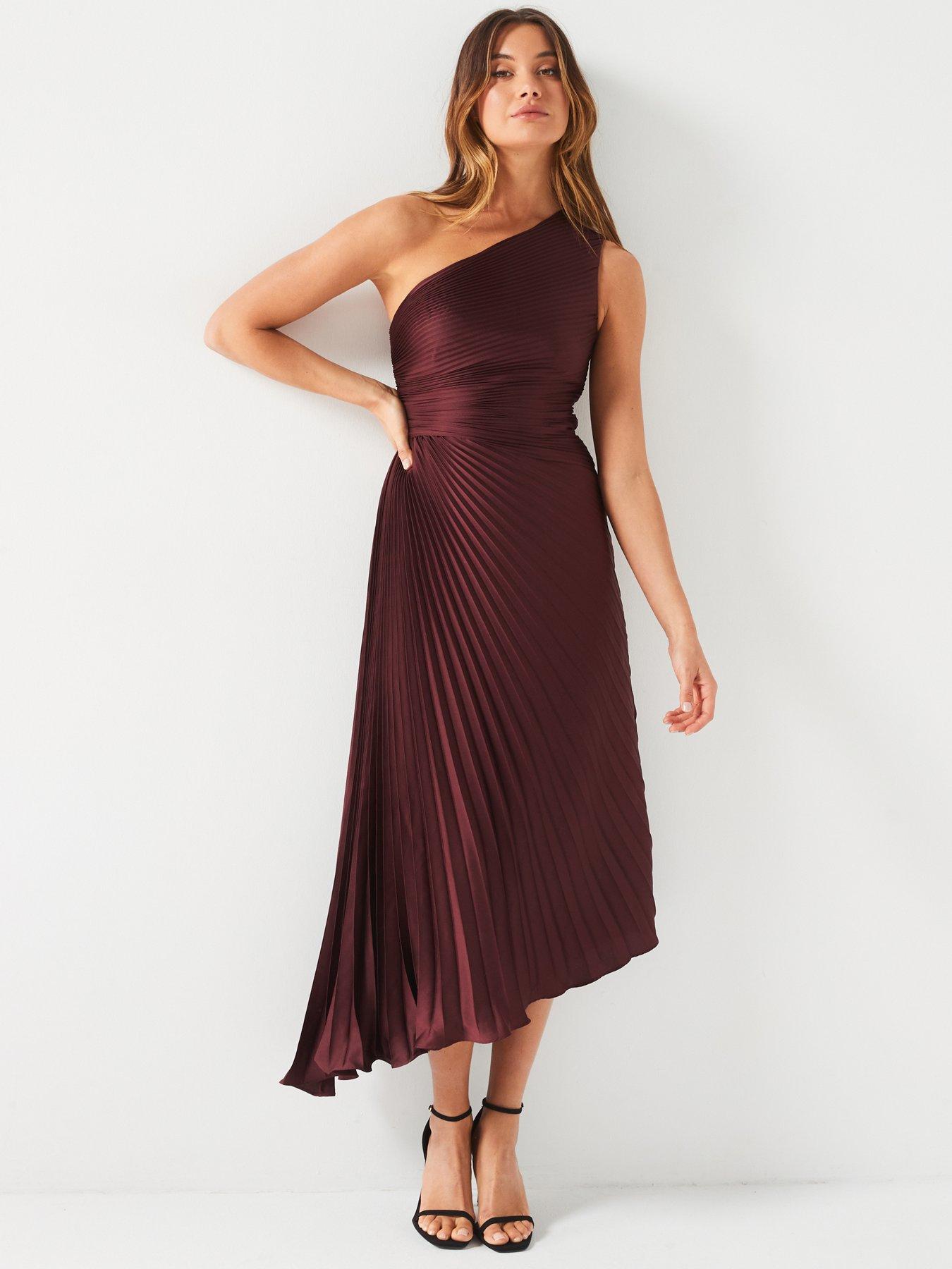 undefined One Shoulder Pleated Satin Midi Dress - Brown