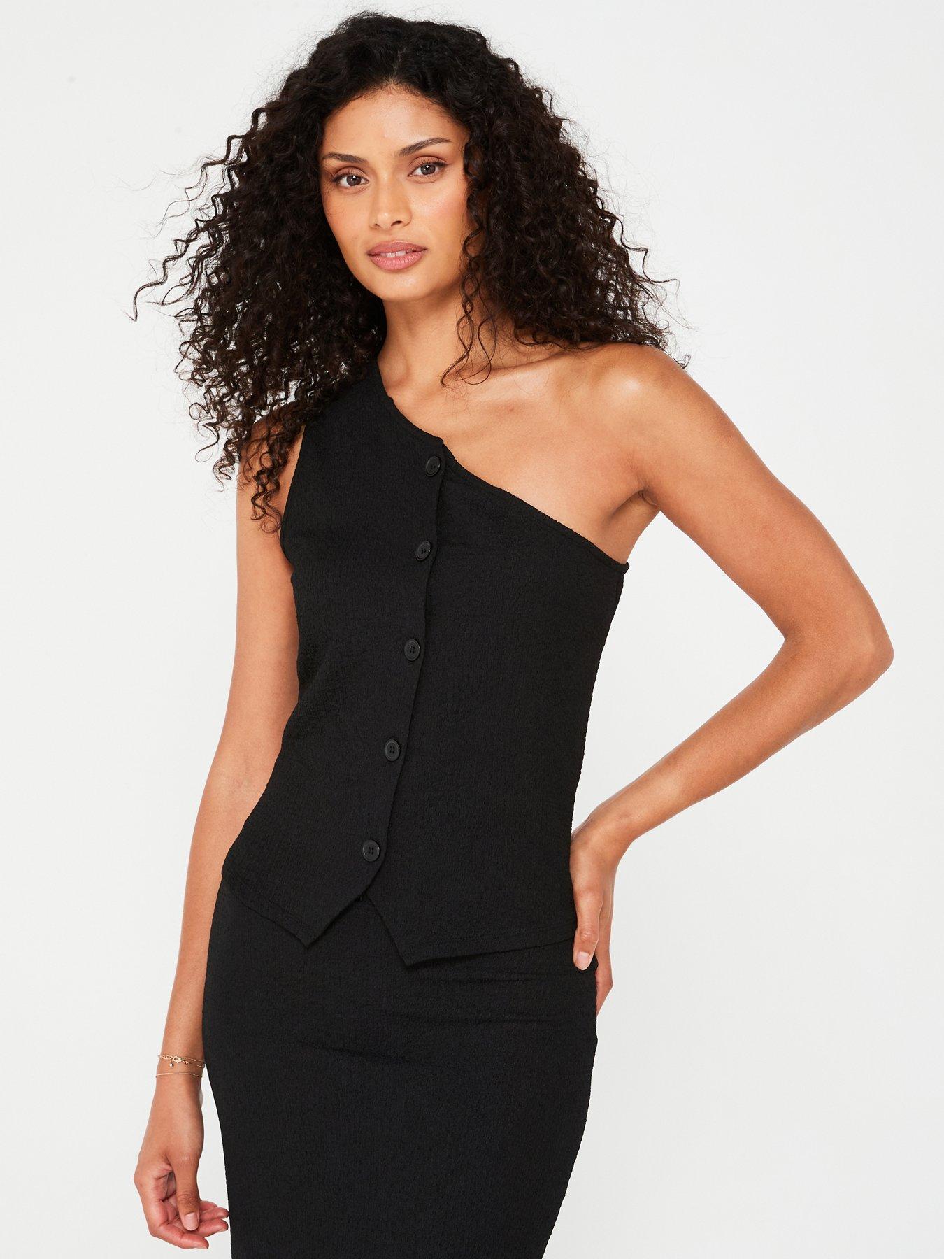 V by Very One Shoulder Crinkle Top - Black