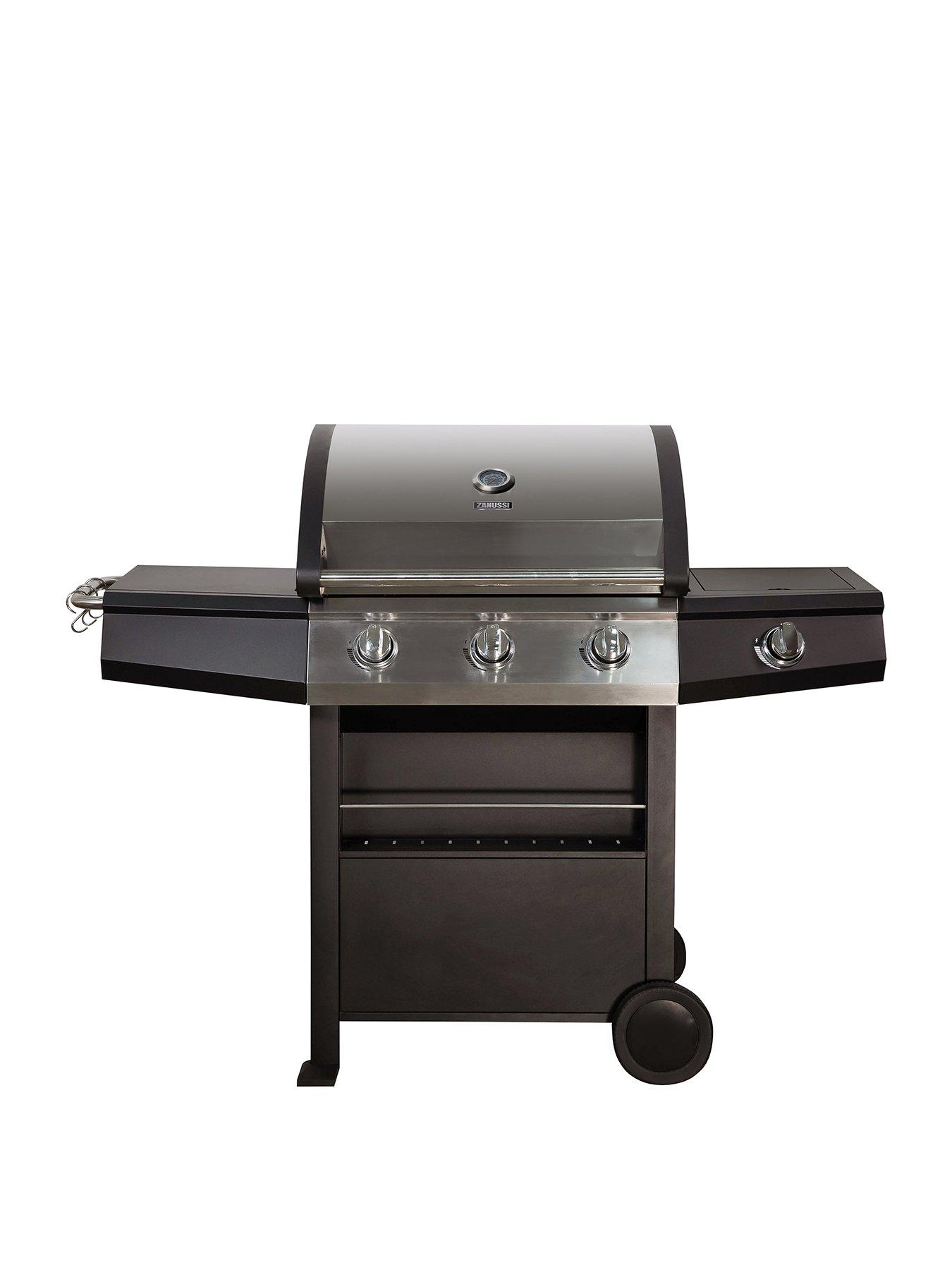 Product photograph of Zanussi Zgbbq3b01-c 3-burner Gas Bbq With Side Burner And Cover In Black And Stainless Steel from very.co.uk