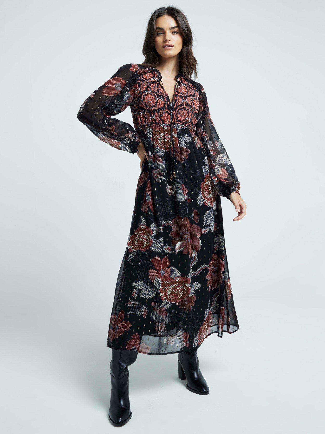 undefined Floral Smock Midi Dress - Multicolour - Black