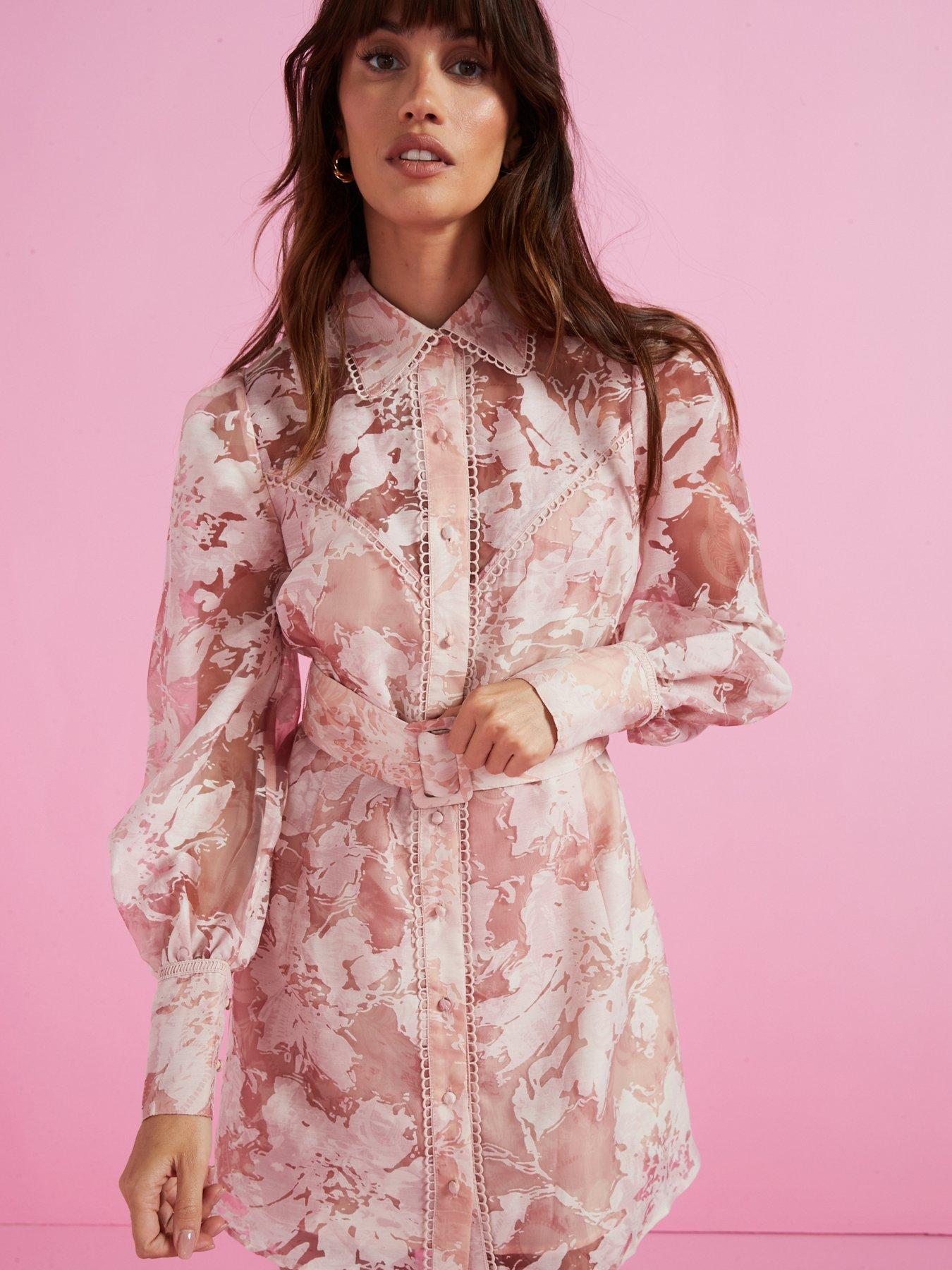 River Island Western Floral Print Shirt Dress Pink