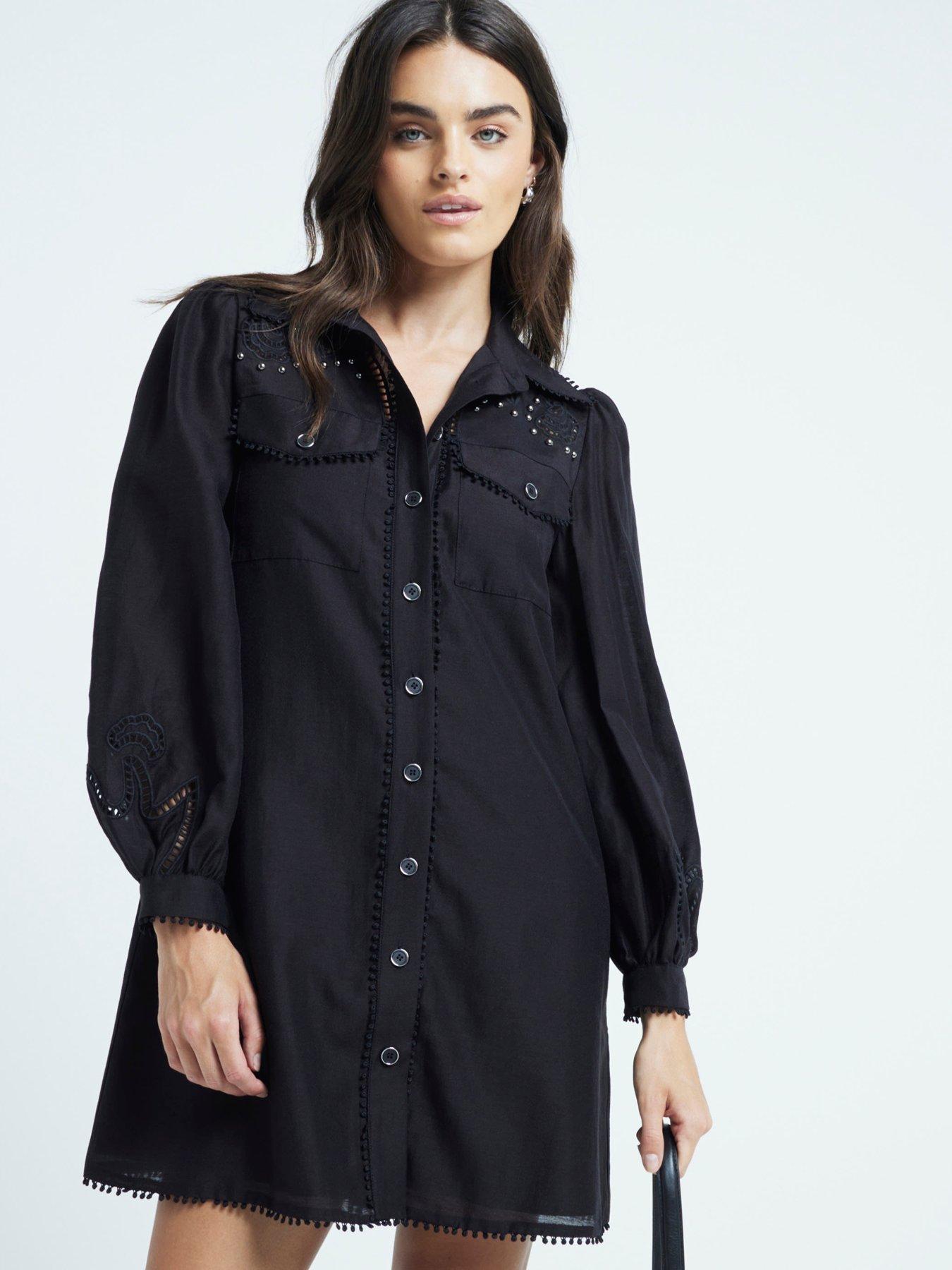 undefined Studded Cutwork Shirt Dress - Black