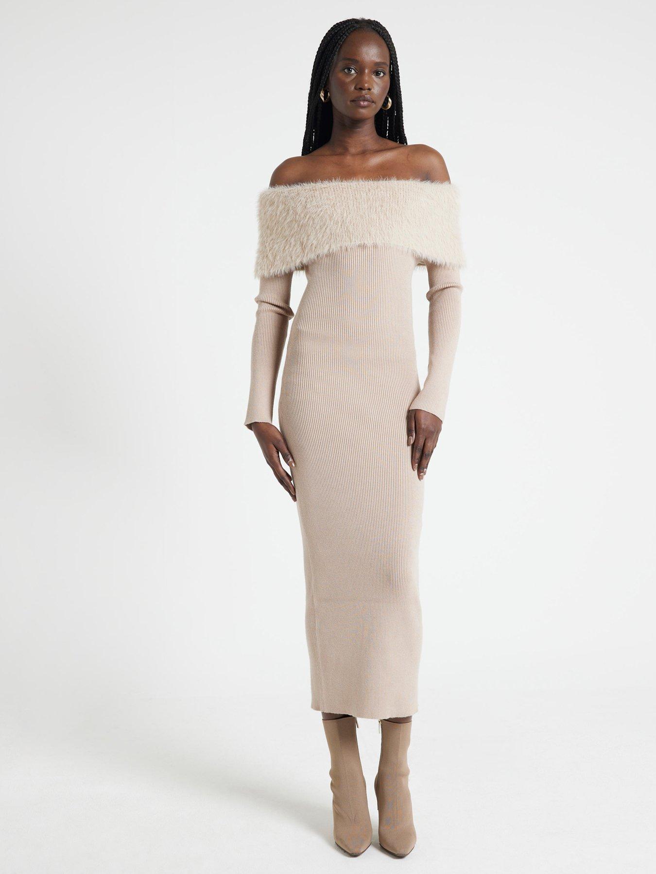undefined Bardot Knit Midi Dress - Beige
