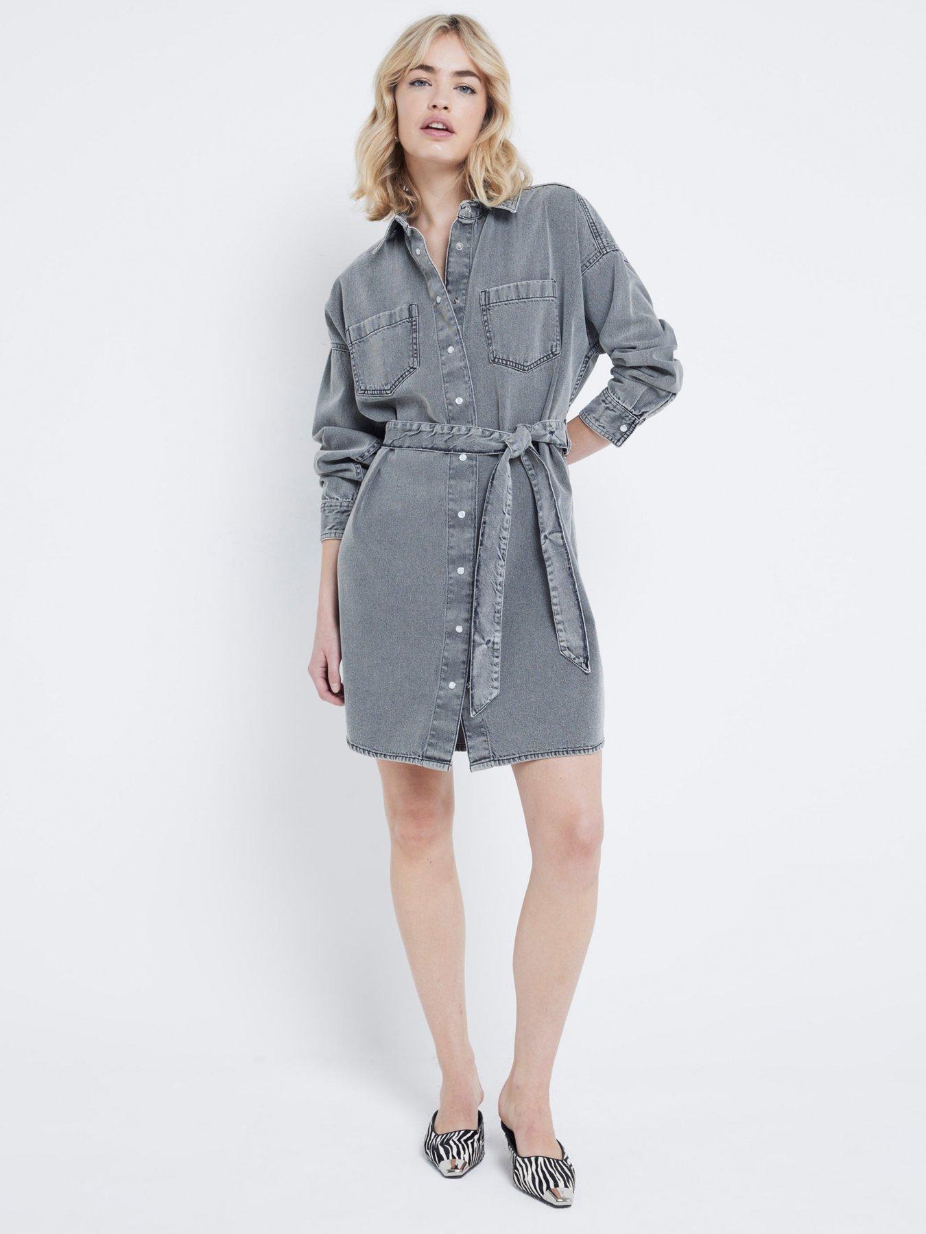 undefined Belted Shirt Dress - Light Grey