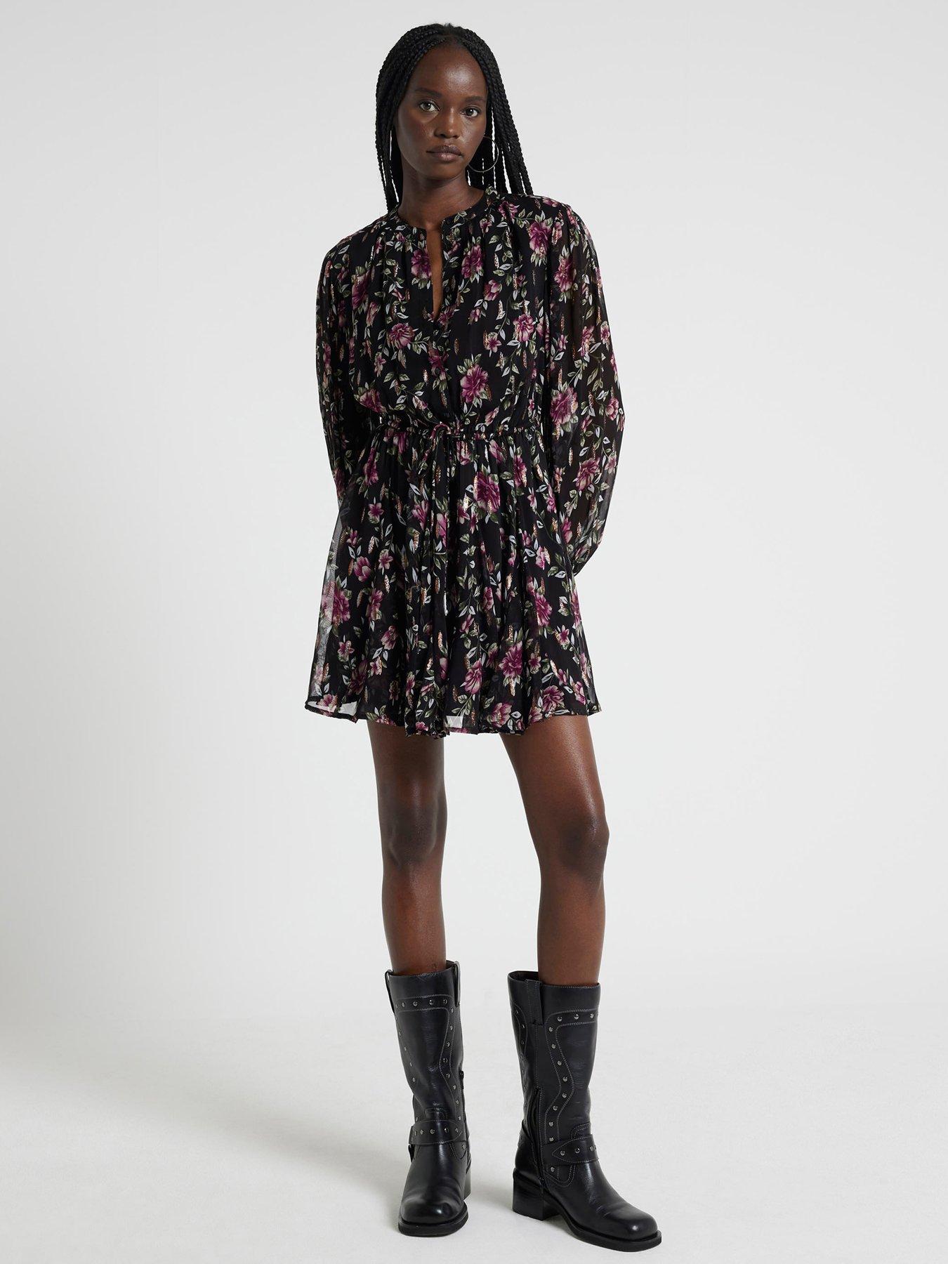 undefined Floral Smock Mini Dress - Black