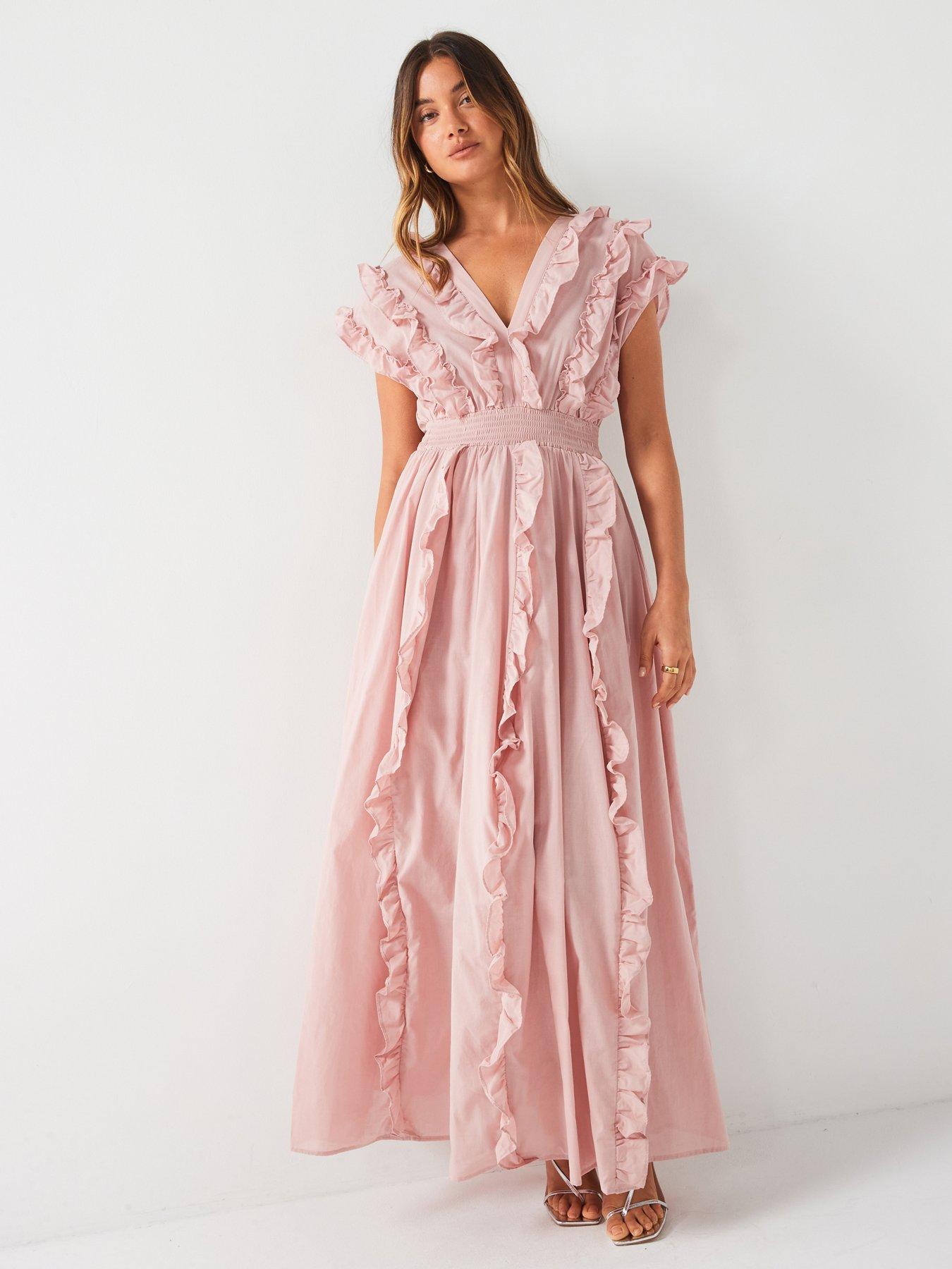 undefined Plunge Frill Midi Dress - Pink