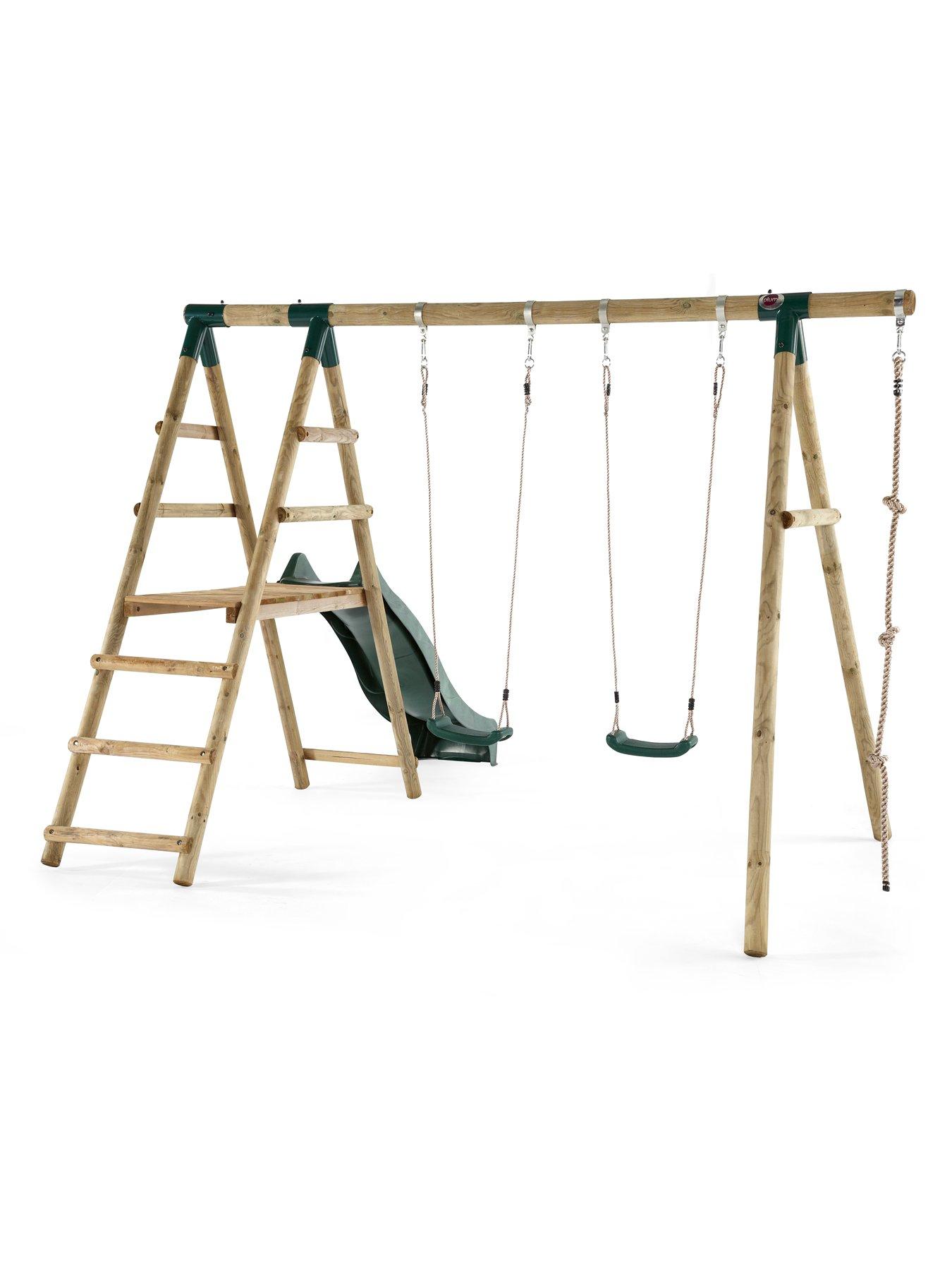 Image 2 of 6 of Plum Giant Baboon Wooden Swing Set - Double Swing, Rope, Deck &amp; Slide - Green