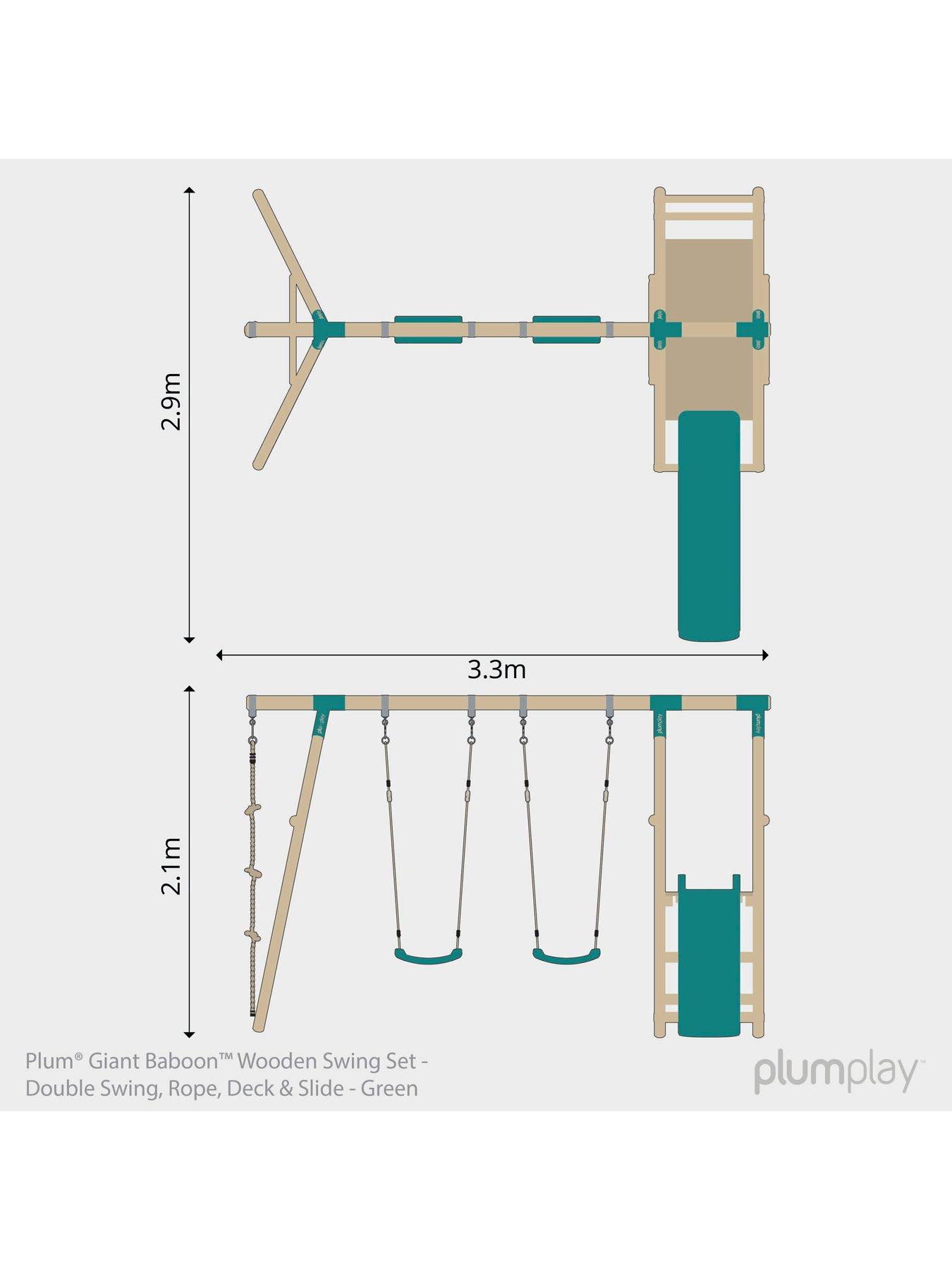 Image 6 of 6 of Plum Giant Baboon Wooden Swing Set - Double Swing, Rope, Deck &amp; Slide - Green