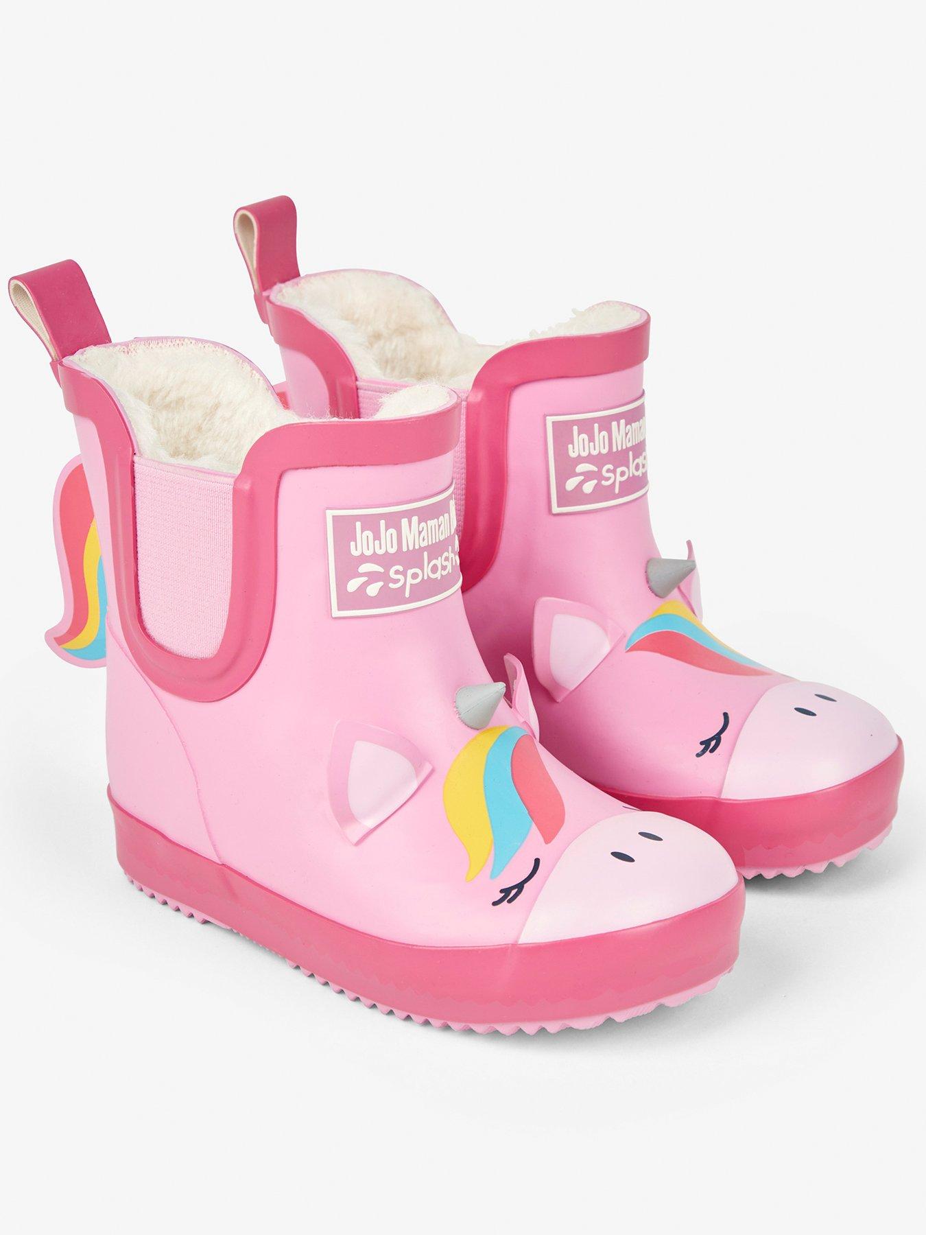 JoJo Maman Bebe Girls Cosy Lined Unicorn Ankle Wellies Pink Very