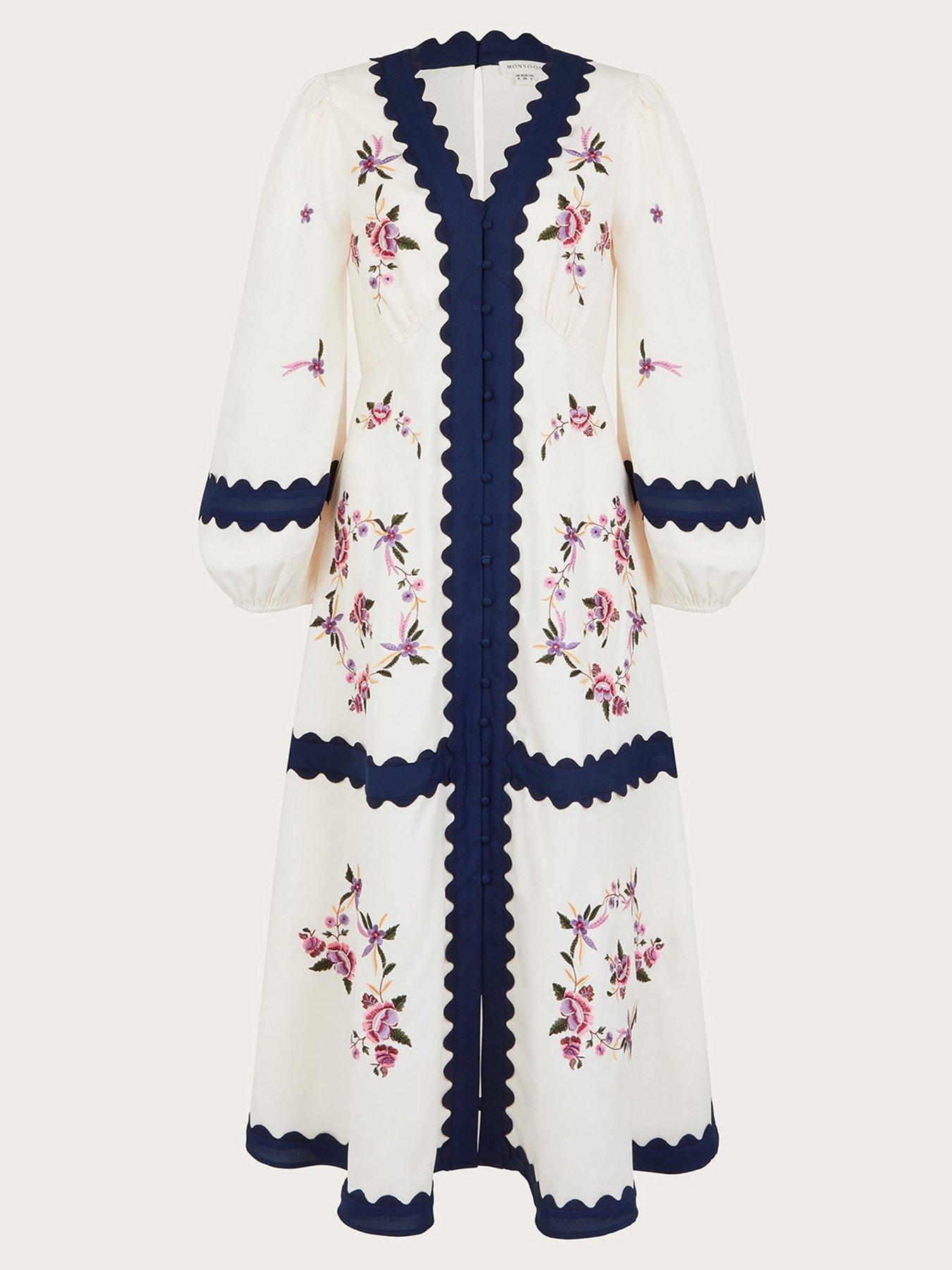 Monsoon Emma Embroidered Dress Ivory Very