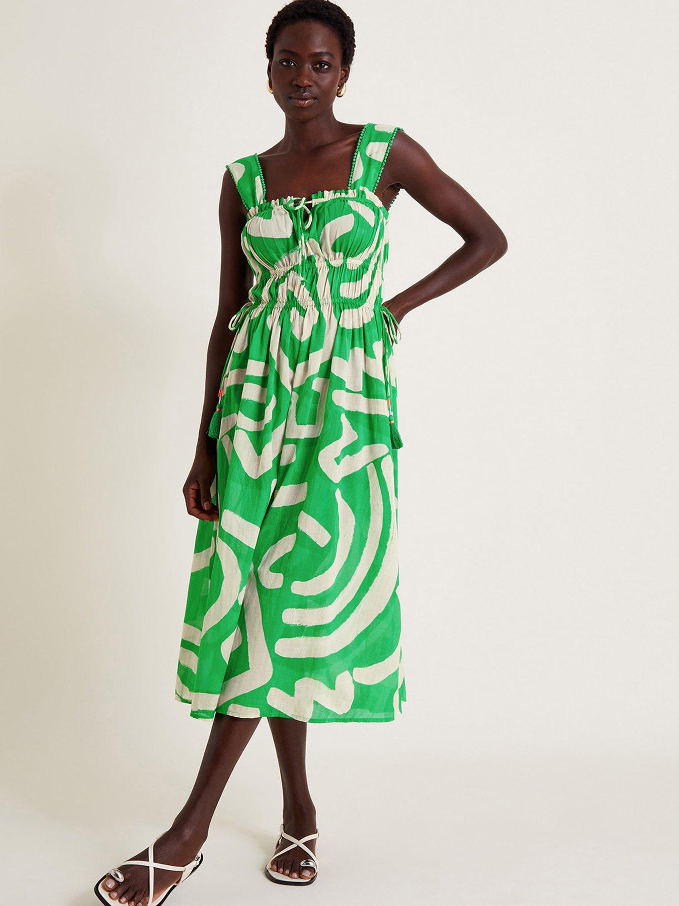 Monsoon Demi Abstract Print Midi dress - Green/White | Very.co.uk