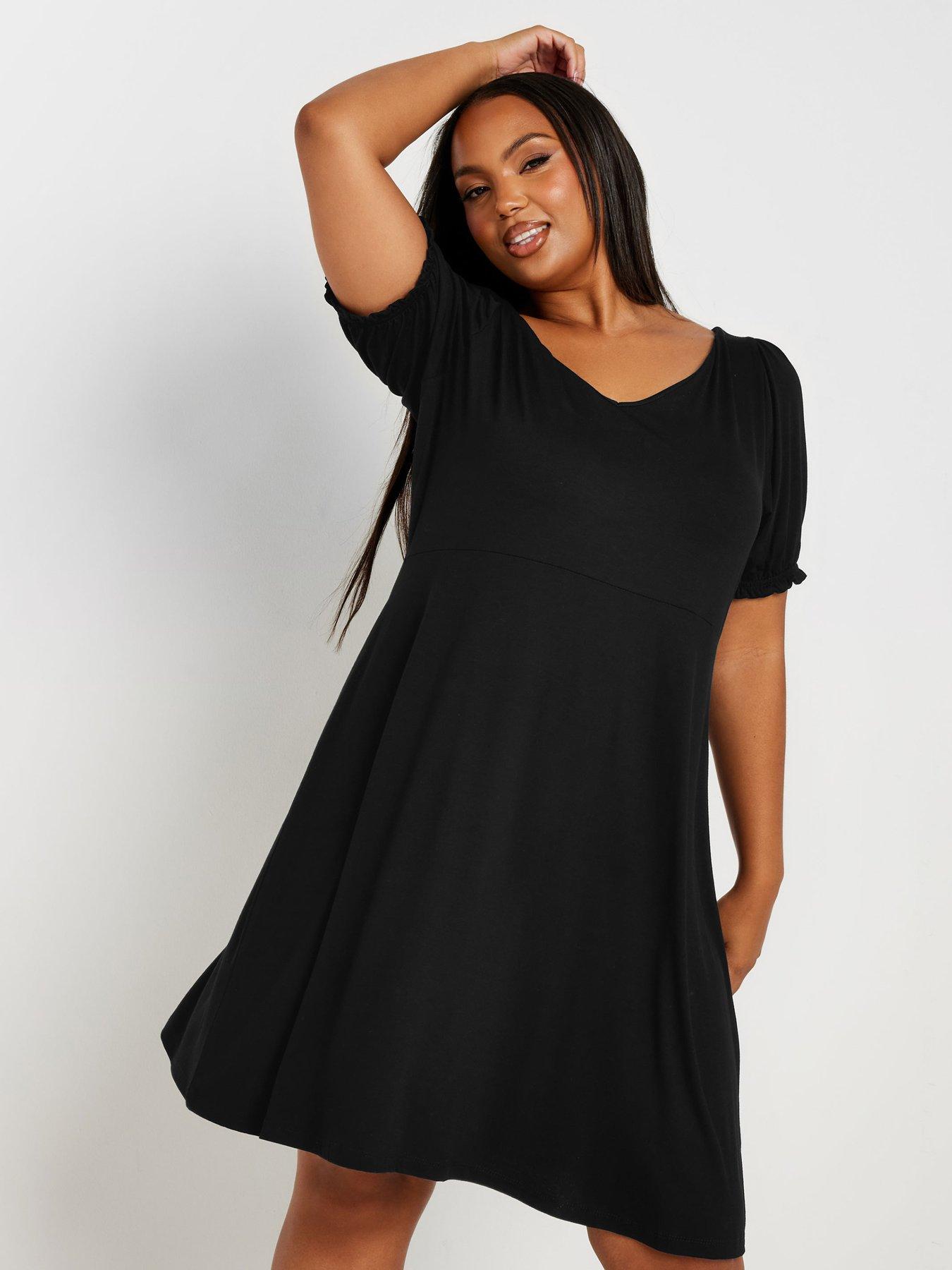 Curve Puff Sleeve Day Dress Black