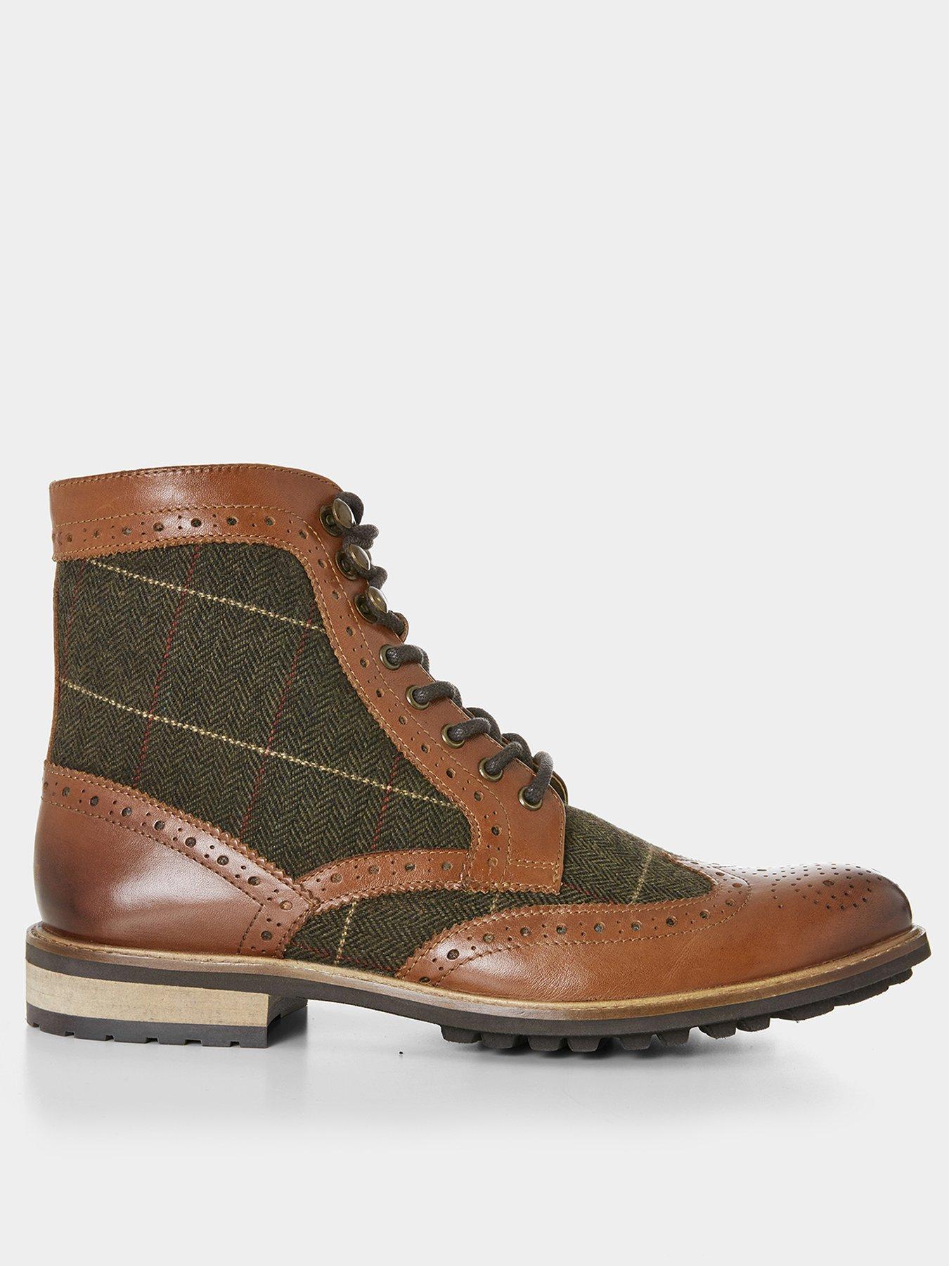 Harlington Tweed And Leather Lace Up Brogue Boots Brown