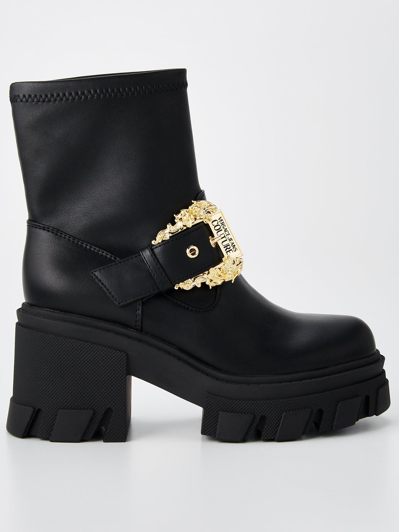 Image 1 of 7 of Versace Jeans Couture Buckle Detail Biker Boots - Black