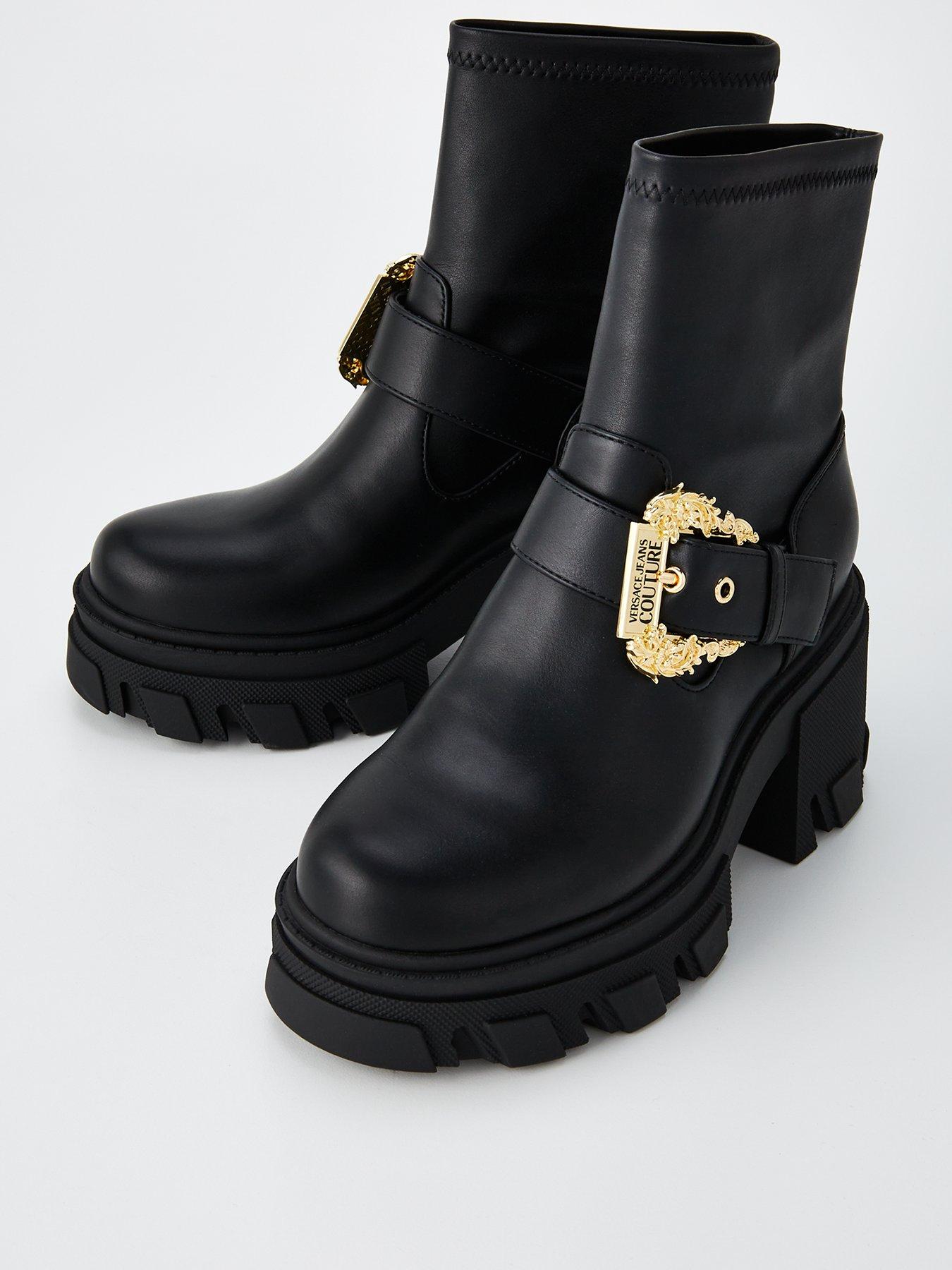 Image 2 of 7 of Versace Jeans Couture Buckle Detail Biker Boots - Black