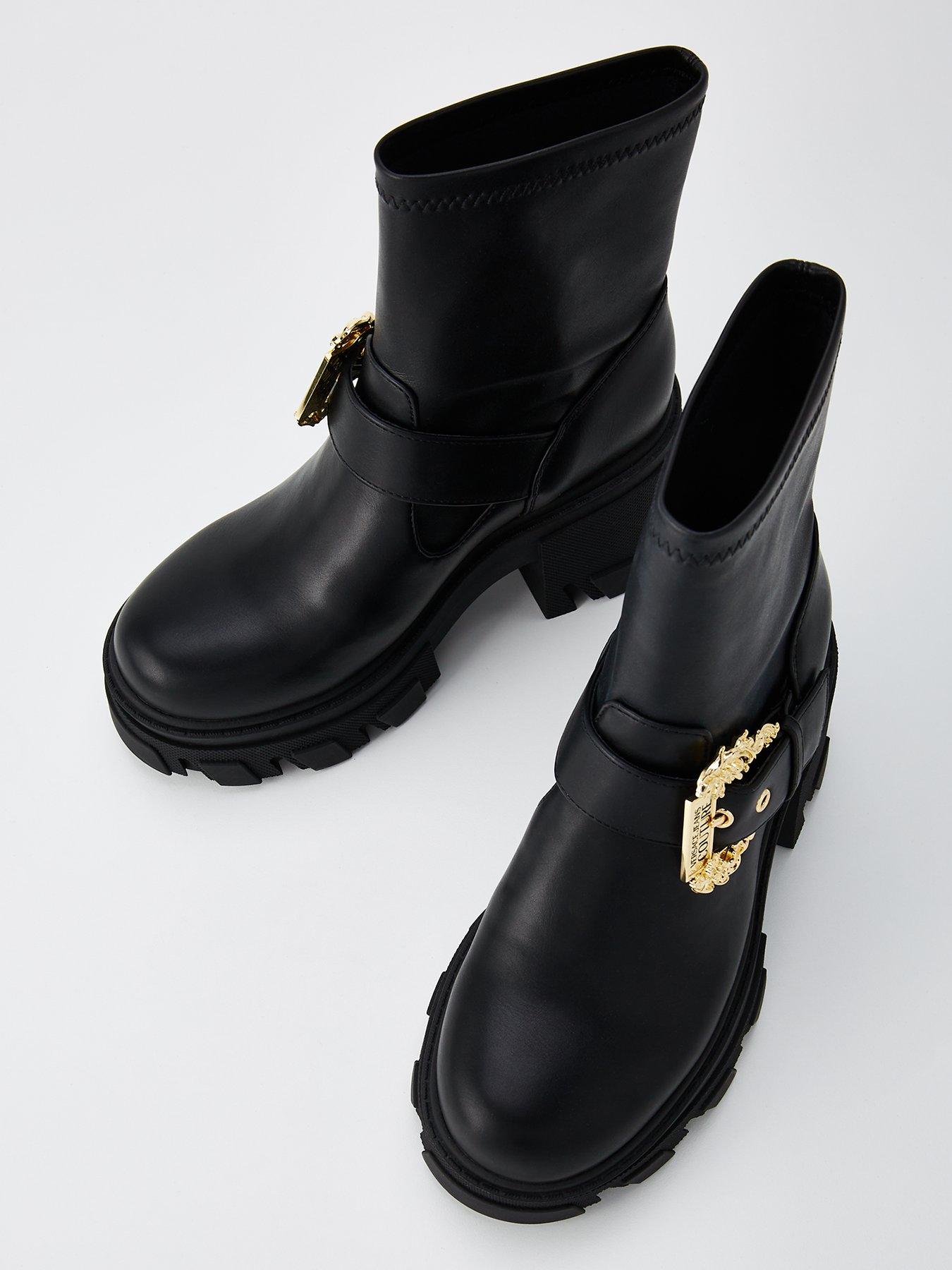 Image 4 of 7 of Versace Jeans Couture Buckle Detail Biker Boots - Black