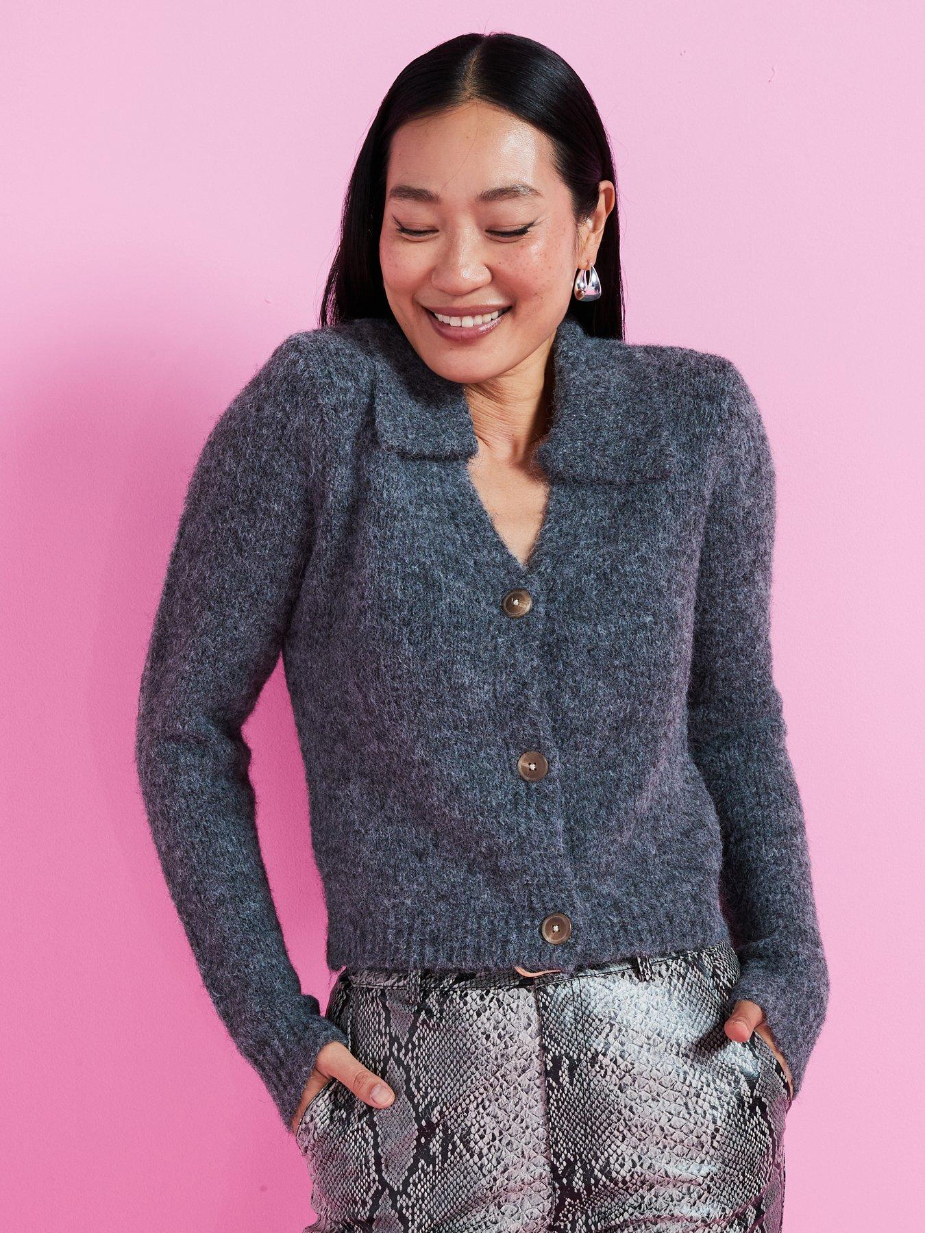 undefined Zoey Long Sleeve Collar Knitted Cardigan - Grey