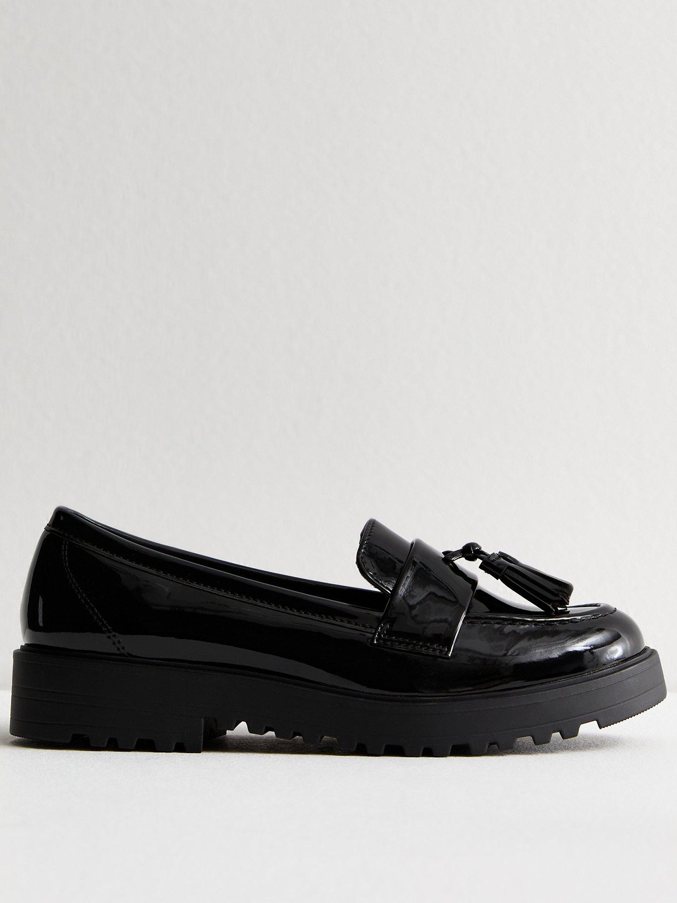 undefined Black Tasseled Faux Patent Leather Chunky Loafers