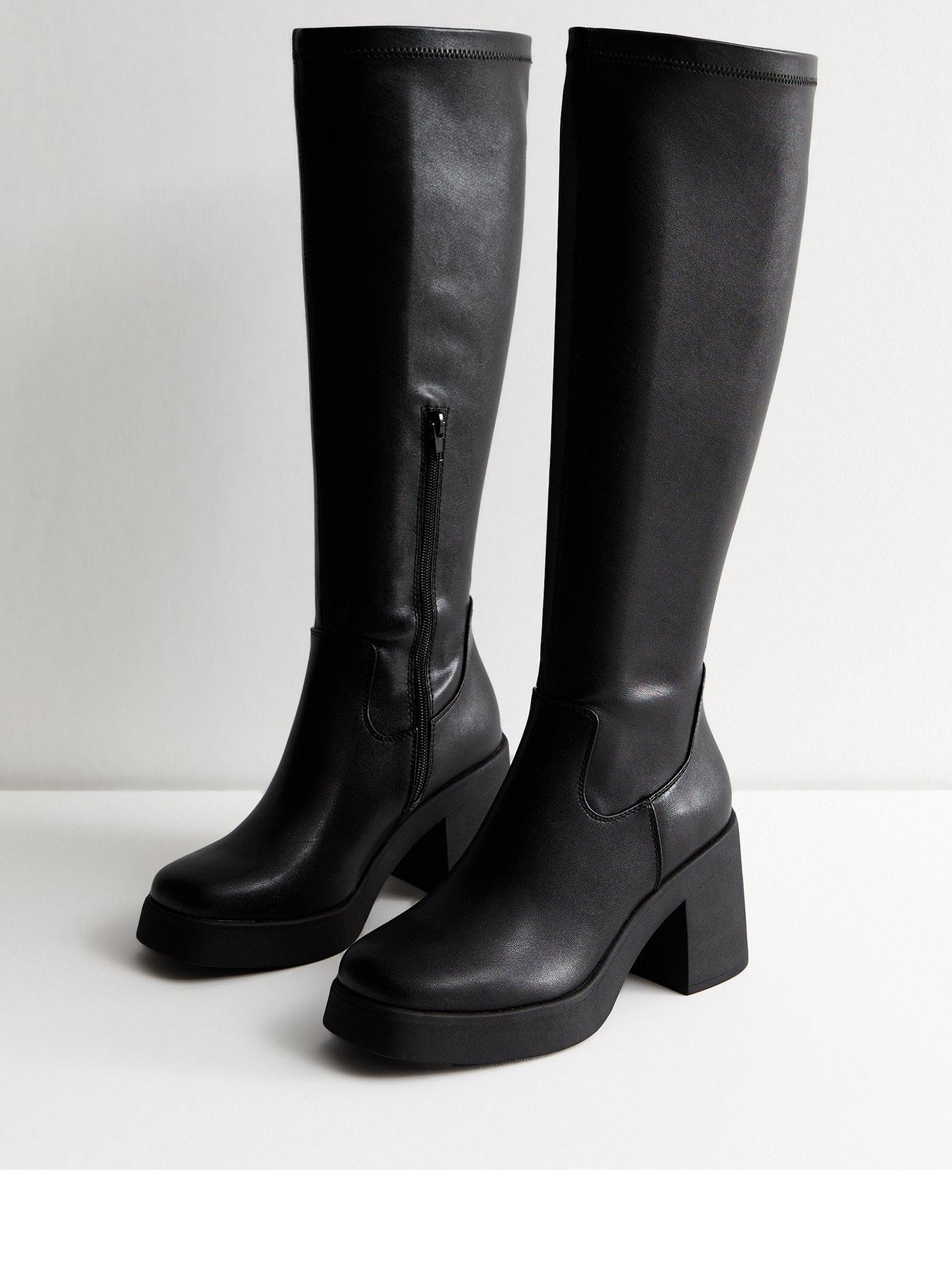 New Look Black Chunky Heel Leather look Knee High Boots Very