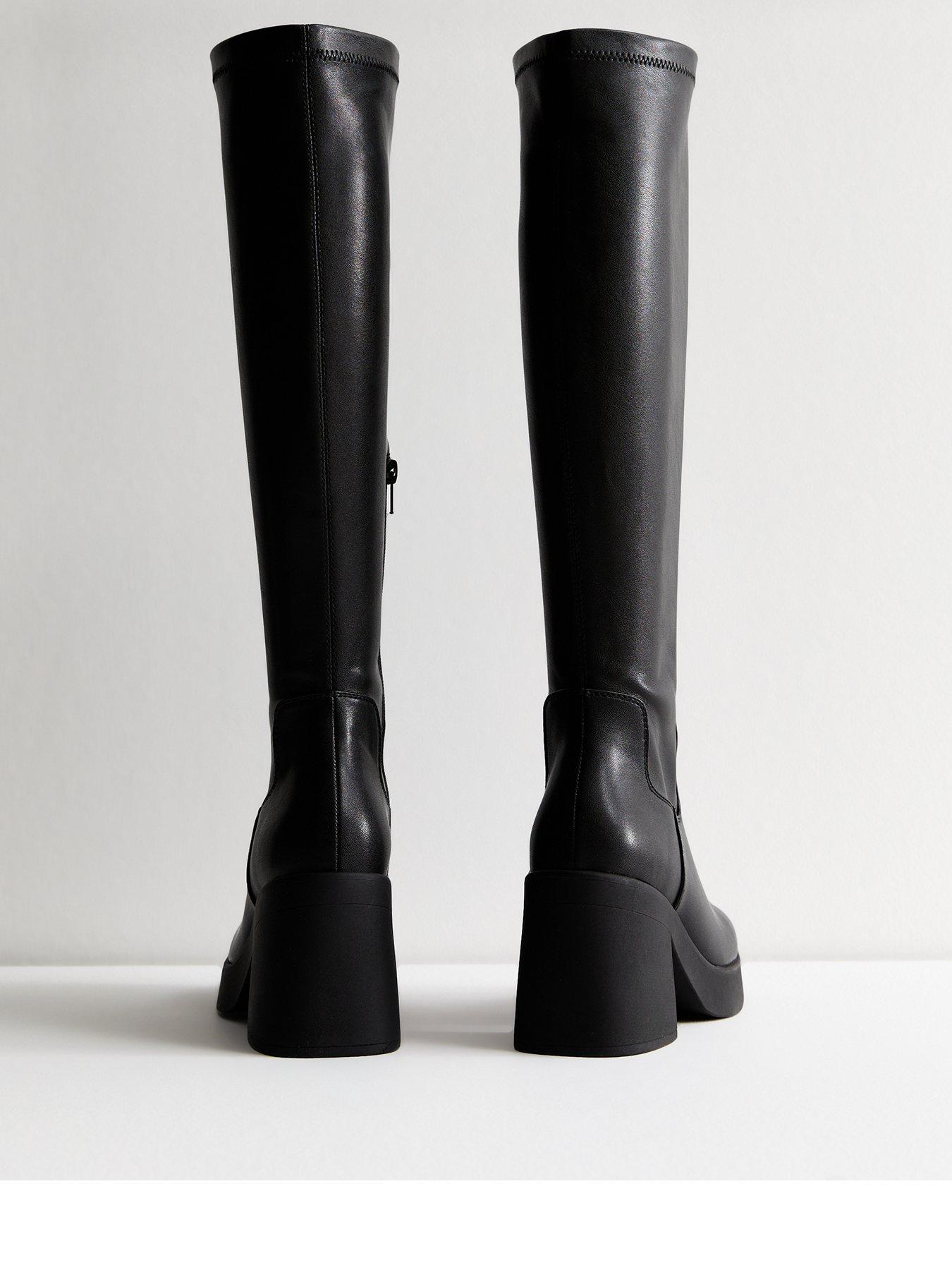 New Look Black Chunky Heel Leather look Knee High Boots Very