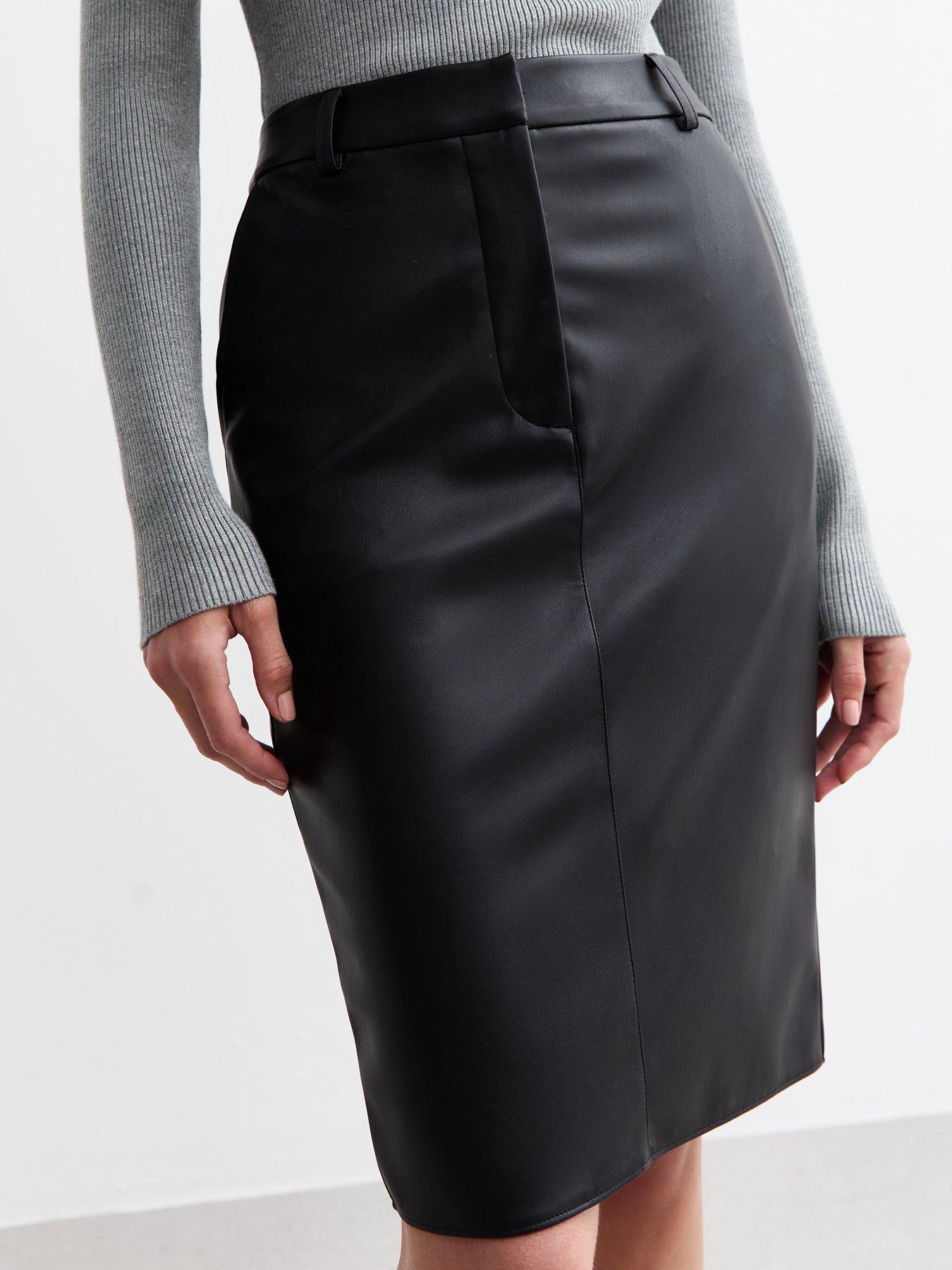 Black Knee Length Leather look Skirt