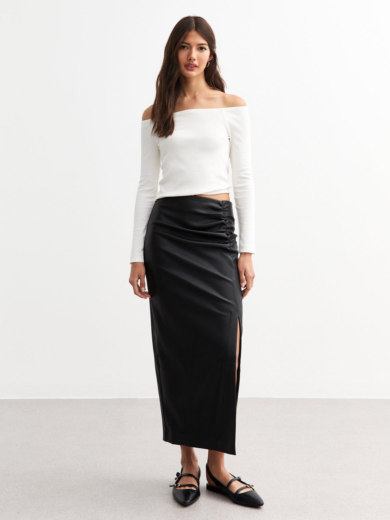 Image 1 of 4 of New Look Ruched Leather-Look Midi Skirt - Black