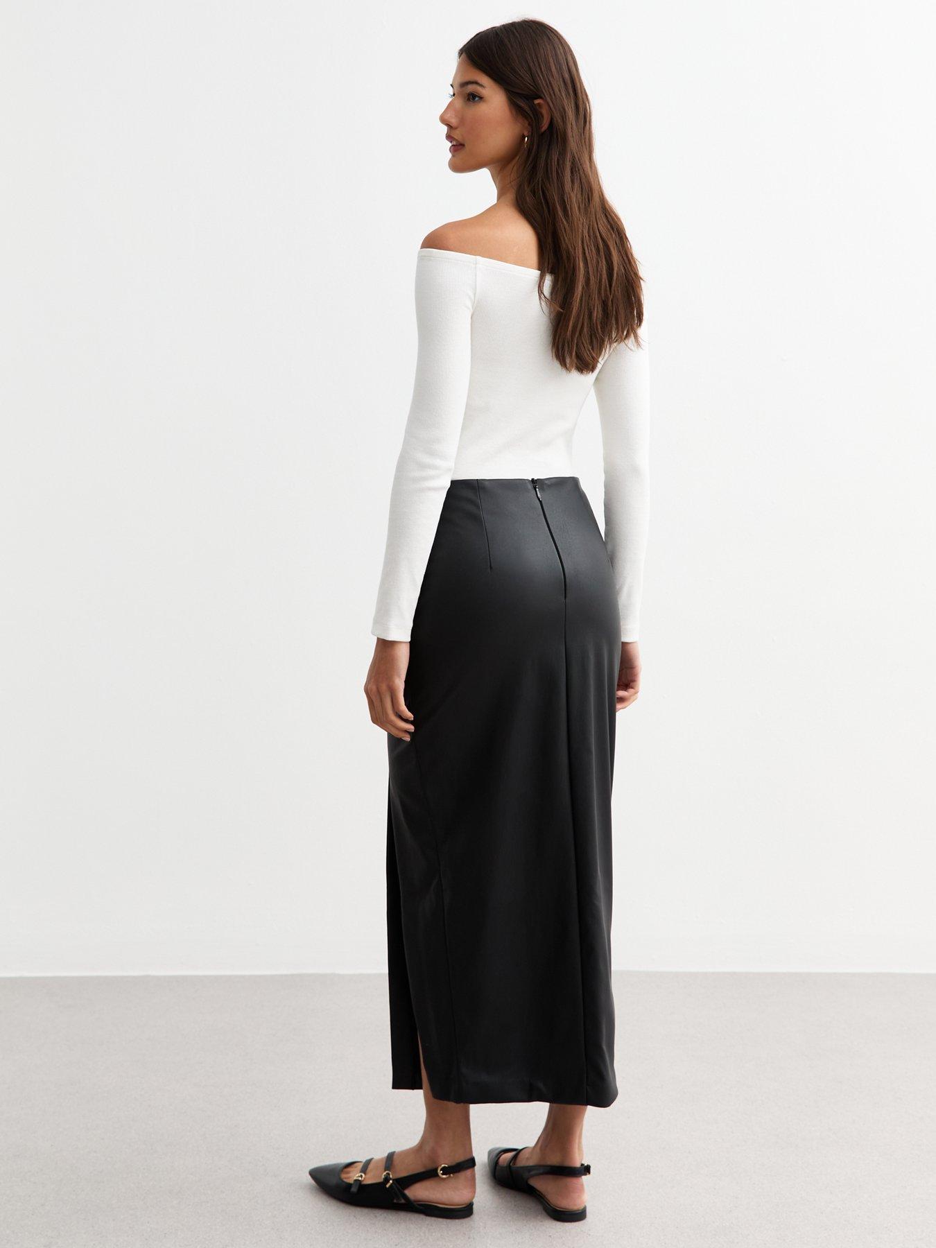 Image 2 of 4 of New Look Ruched Leather-Look Midi Skirt - Black