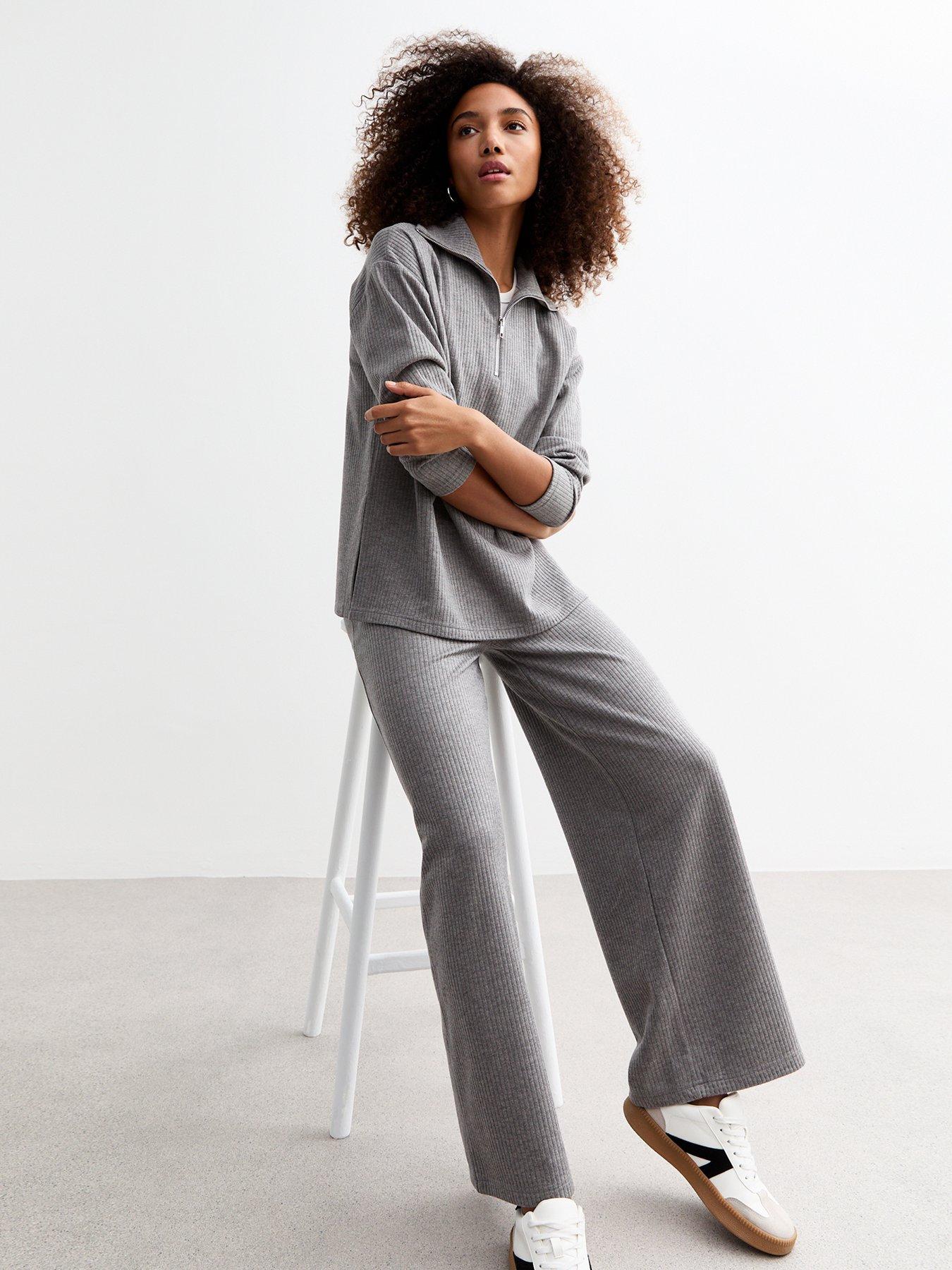 Grey Soft Touch Rib Wide Leg Trousers