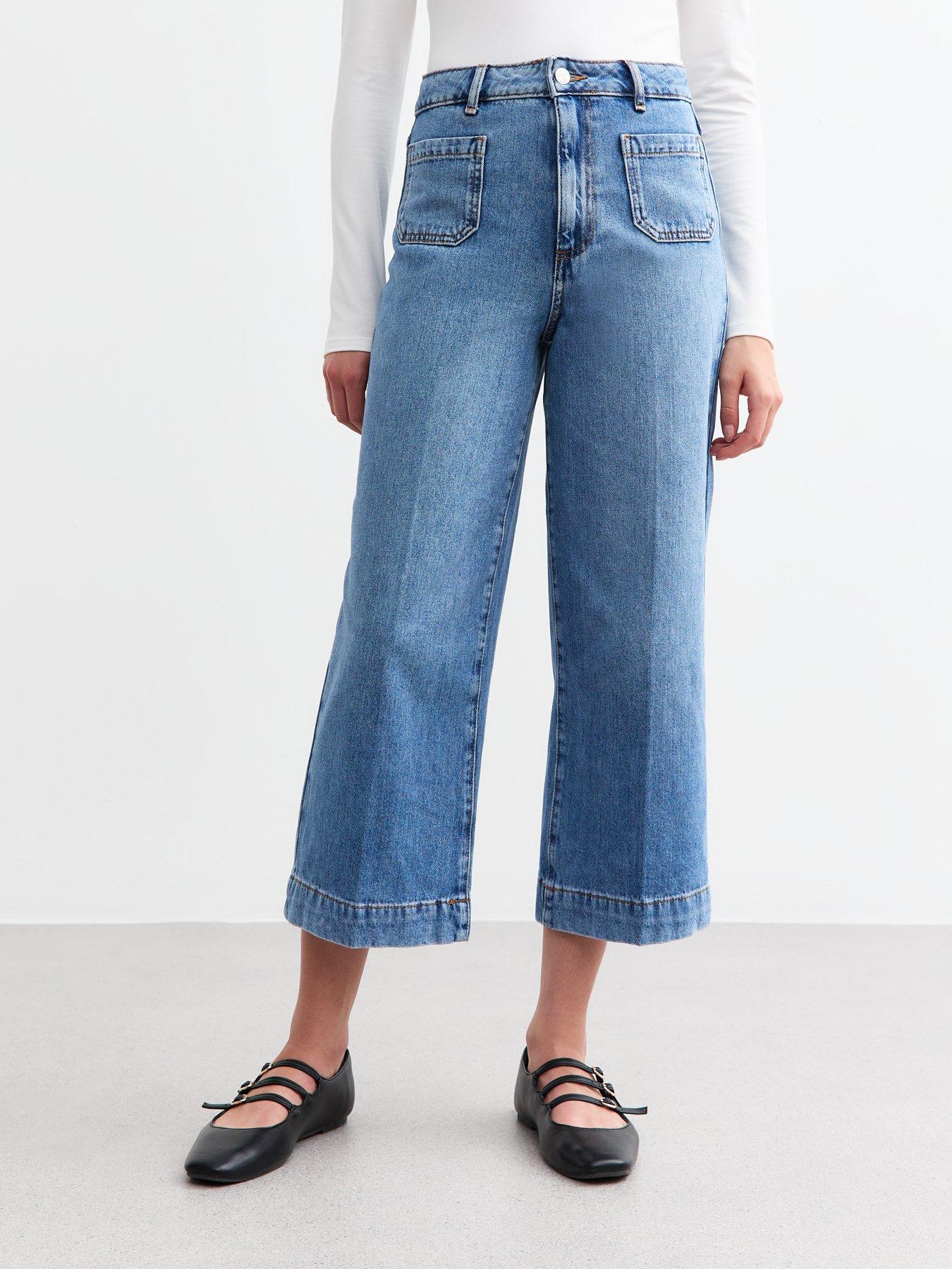 undefined Patch Pocket Crop Wide Leg Jeans - Blue