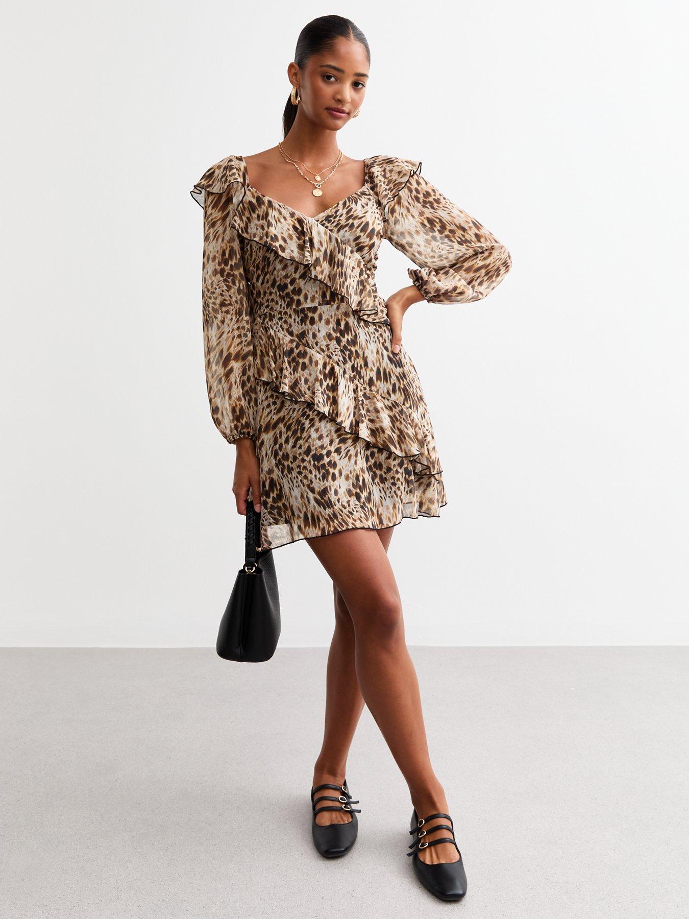 New Look Brown Animal Print Ruffled Mini Dress | Very.co.uk