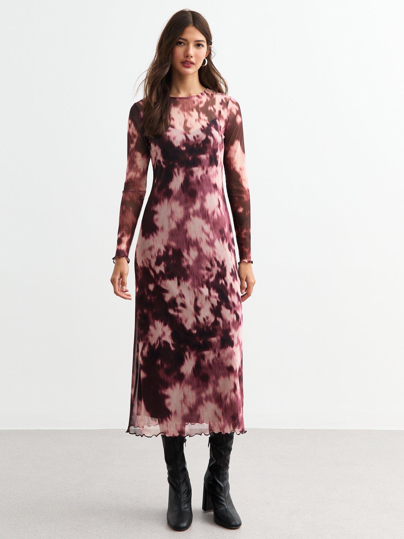 THE MYSTYLEMODE DUSTY PINK DOUBLE LINED LONG SLEEVE FUNNEL NECK MIDI DRESS