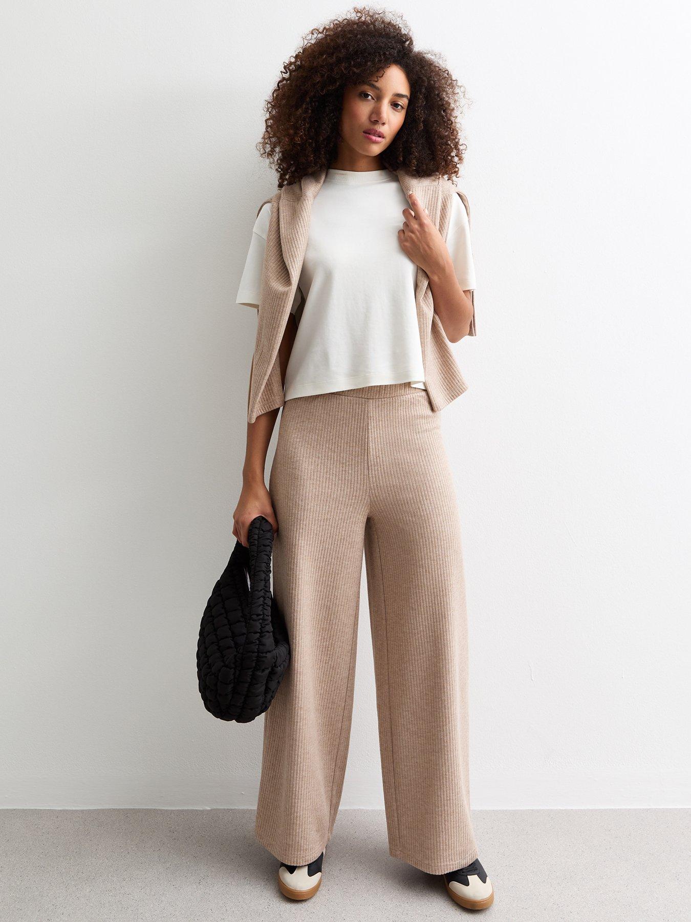 new look cream soft touch rib wide leg trousers, beige, size m, women