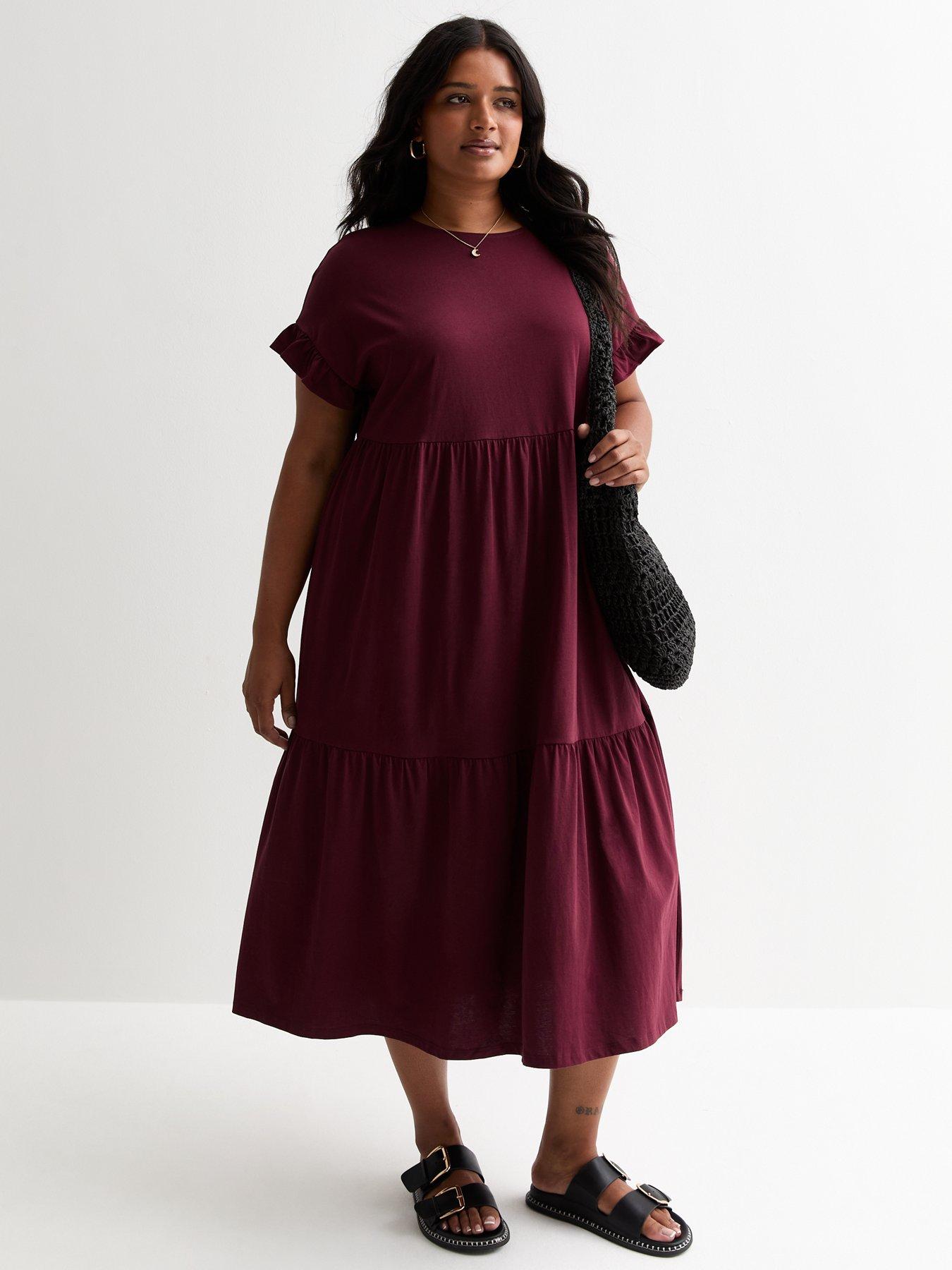 New Look Curves Burgundy Cotton Tiered Midi Dress Very