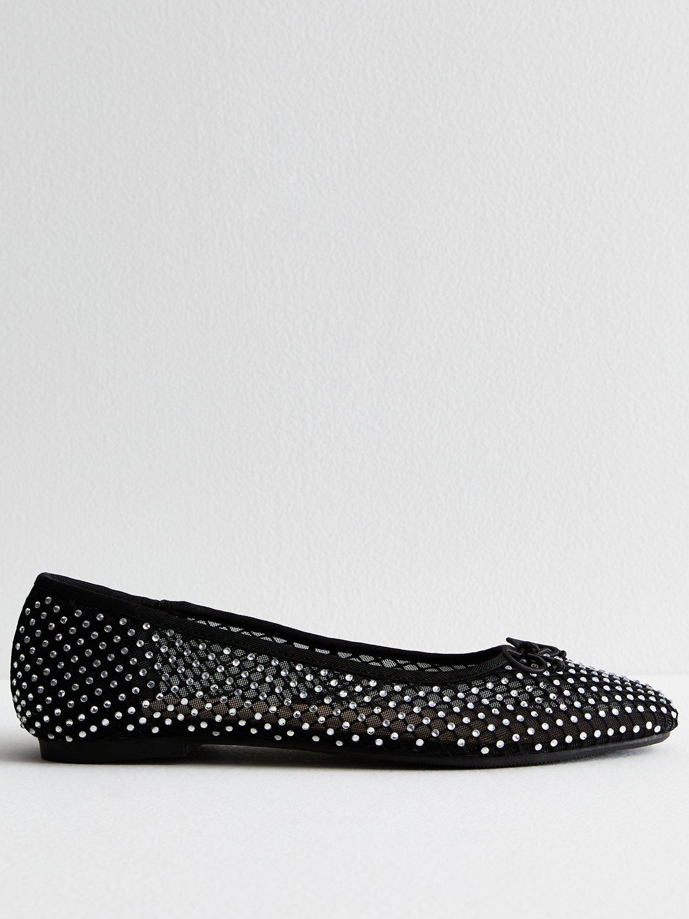 Wide Fit Mesh Rhinestone Embellished Ballet Pumps Black